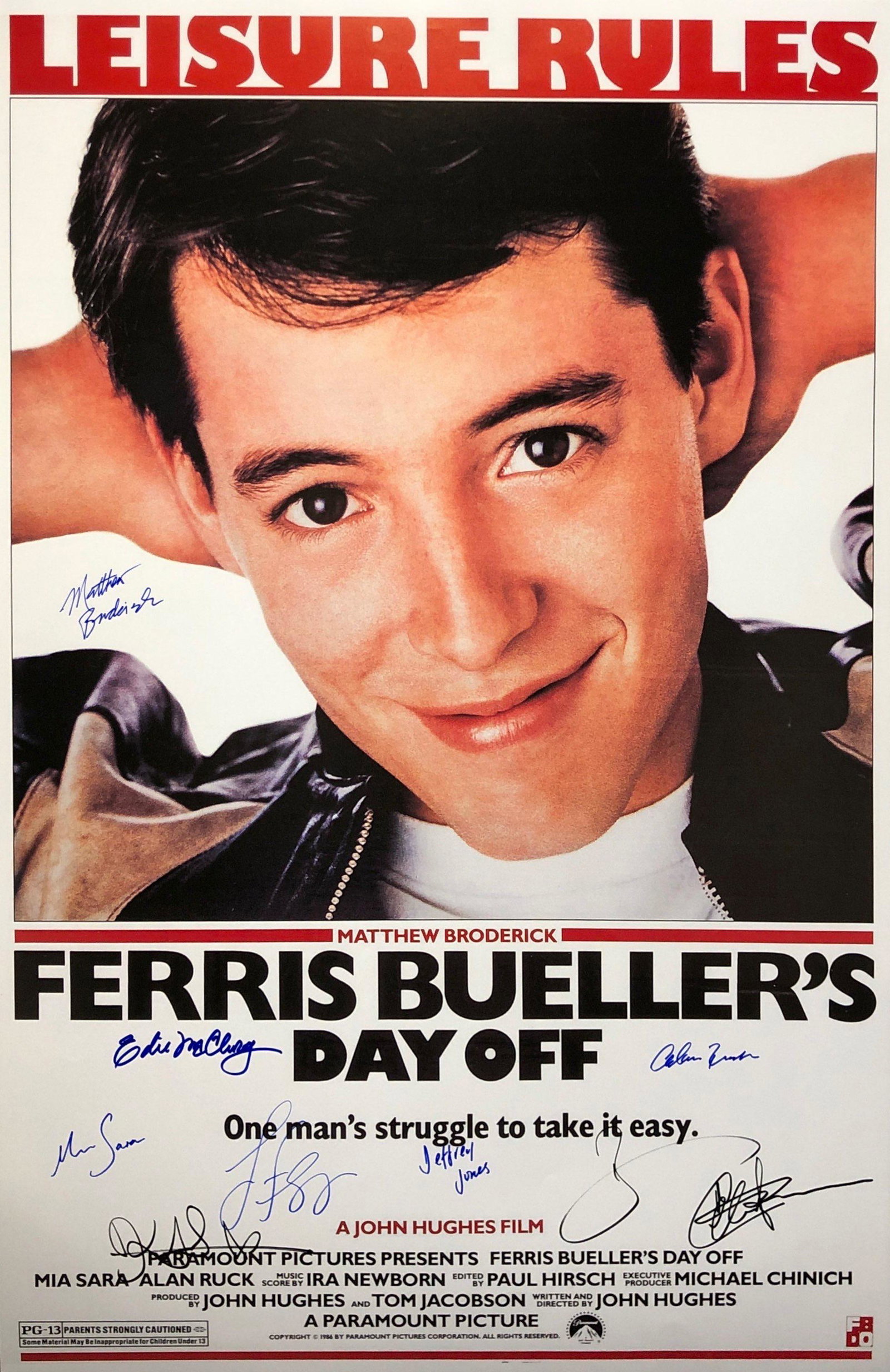 Signed Ferris Buellers Day off Poster Matthew Broderick: Autographed by:Matthew Broderick, Mia Sara, Alan Ruck, Jeffrey Jones, Jennifer Grey, edie McClurg, Ben Stein, Kristy Swanson, Charlie SheenSize: 8" x 10"Authentication Code: P37340Item is in great con