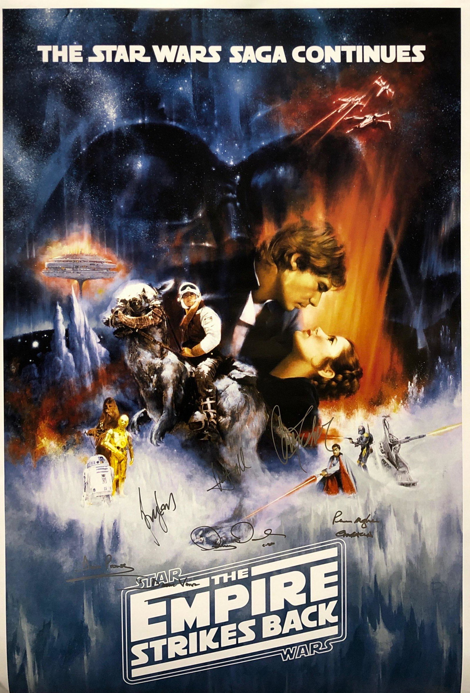 Signed Star Wars Empire Strikes Back Poster Mark Hamill: Autographed by:Mark Hamill, Harrison Ford, Carrie Fisher, Dave Prowse, Anthony Daniels, Kenny baker, Peter Mayhew, George Lucas, Billy Dee Williams, James Earl Jones, Frank Oz, Jeremy Bullock, Julian 