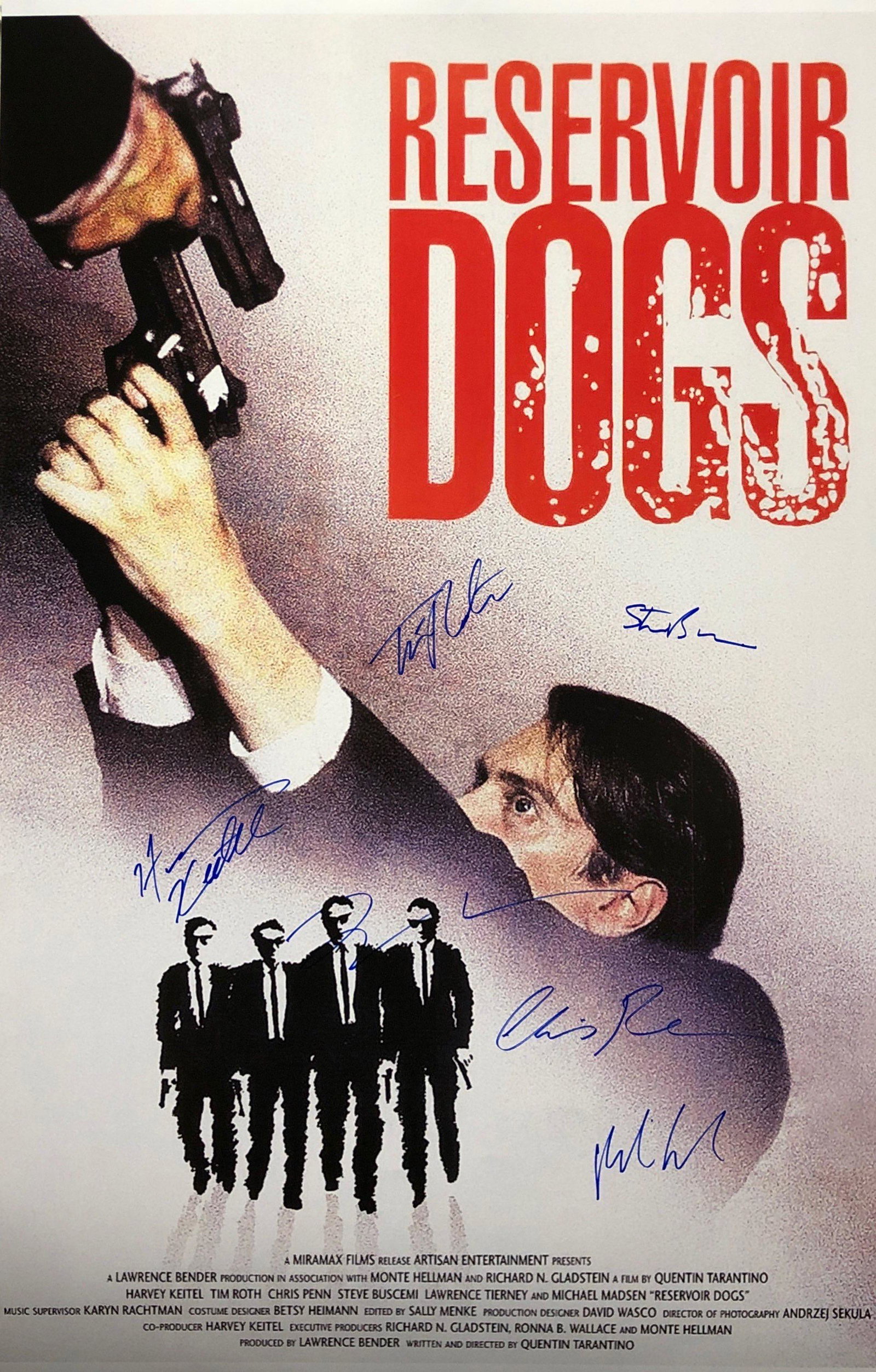 Signed Reservoir Dogs Poster Harvey Keitel Tim Roth: Autographed by:Harvey Keitel, Tim Roth, Chris Penn, Michael Madsen, Steve Buscemi, Quentin TarantinoSize: 8" x 10"Authentication Code: P37349Item is in great condition with no damage, unframed If imag