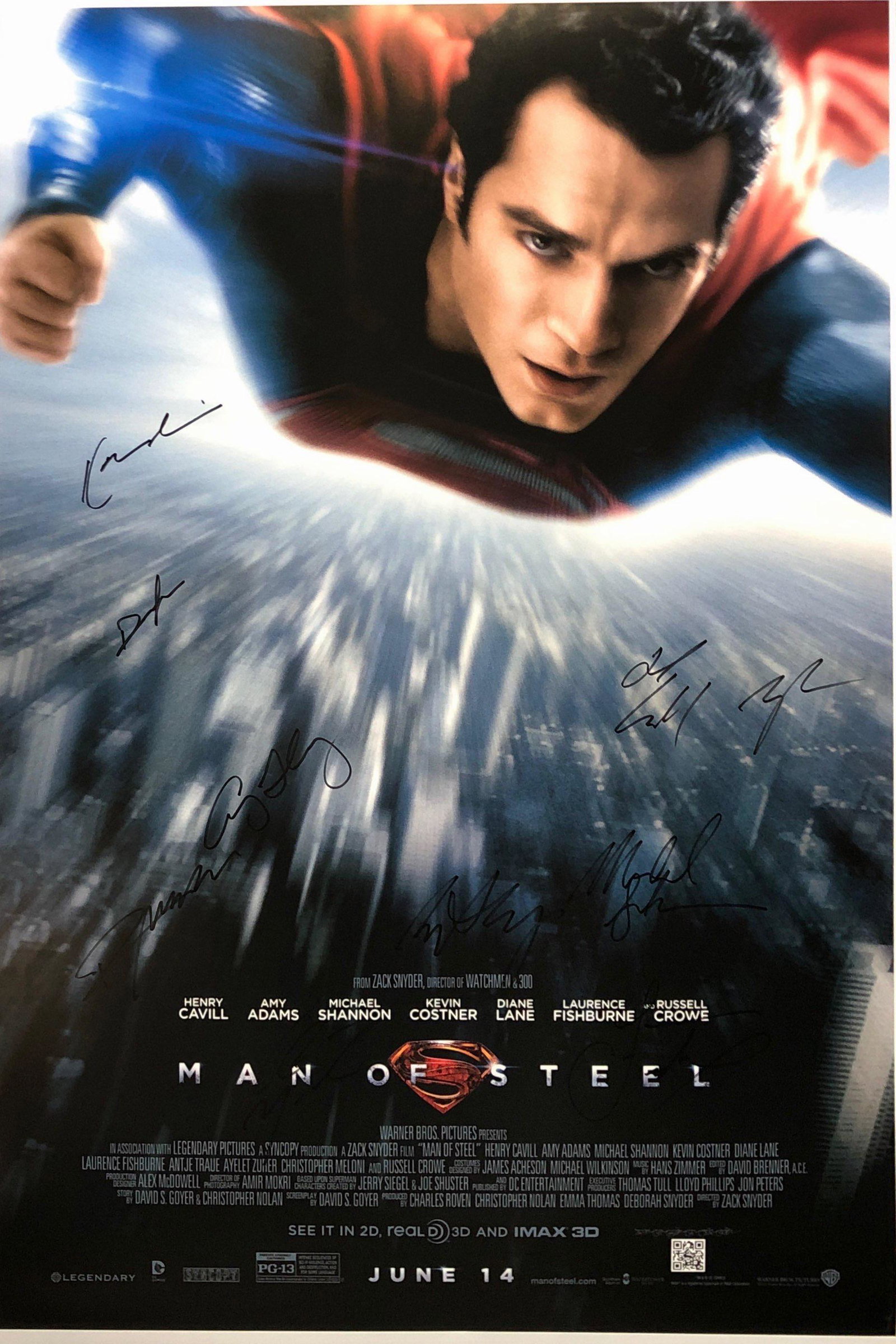 Signed Man of Steel Poster Henry Cavill Amy Adams: Autographed by:Henry Cavill, Amy Adams, Michael Shannon, Diane Lane, Russell Crowe, Kevin Costner, Laurence Fishburne, Richard Schiff, Christopher Meloni, Zack SnyderSize: 8" x 10"Authentication Code:
