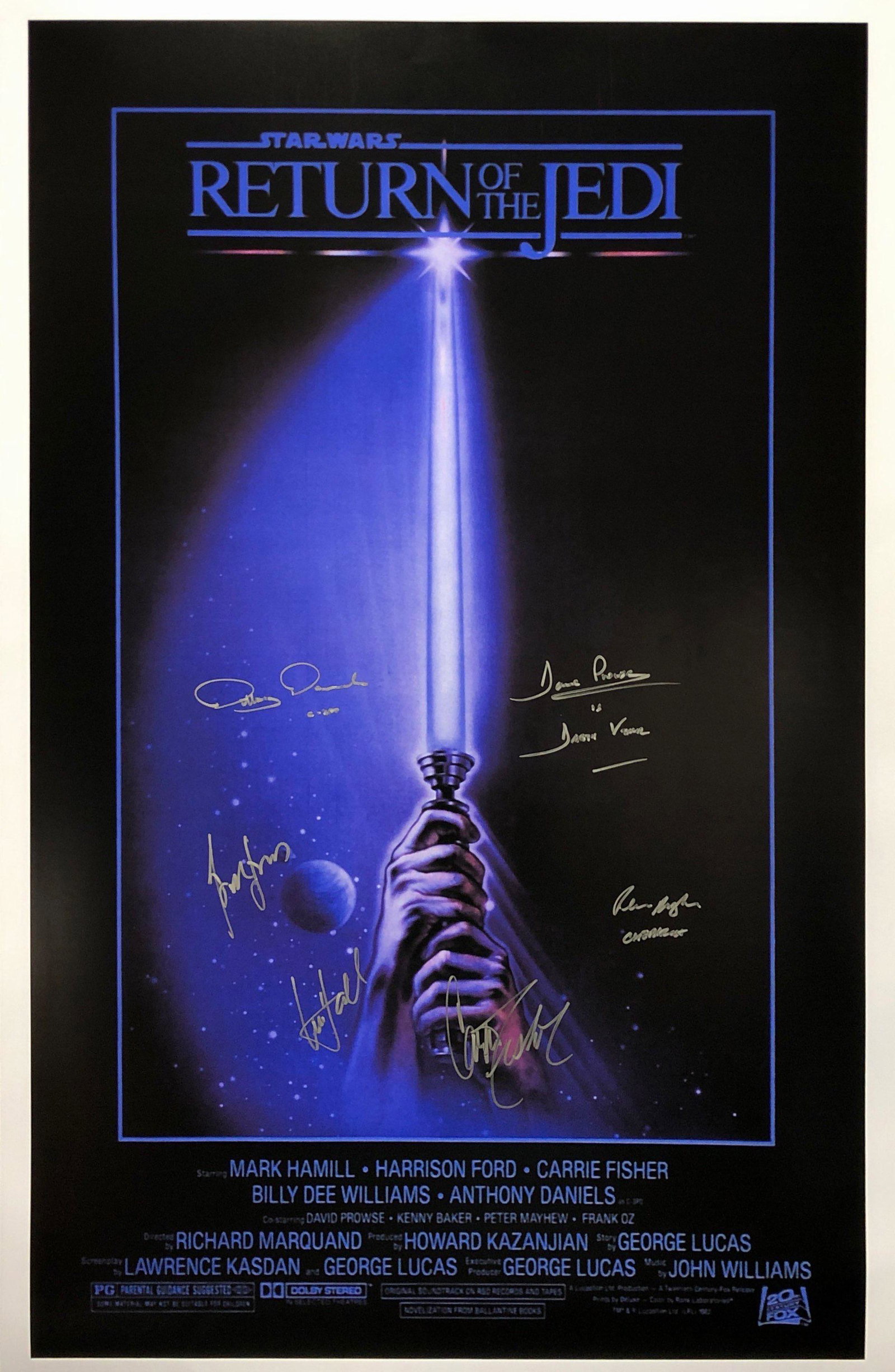 Signed Star Wars Return of Jedi Poster Mark Hamill: Autographed by:Mark Hamill, Harrison Ford, Carrie Fisher, Dave Prowse, Anthony Daniels, Kenny Baker, Peter Mayhew, George Lucas, Billy Dee Williams, James Earl Jones, Frank Oz, Jeremy Bullock, Julian 