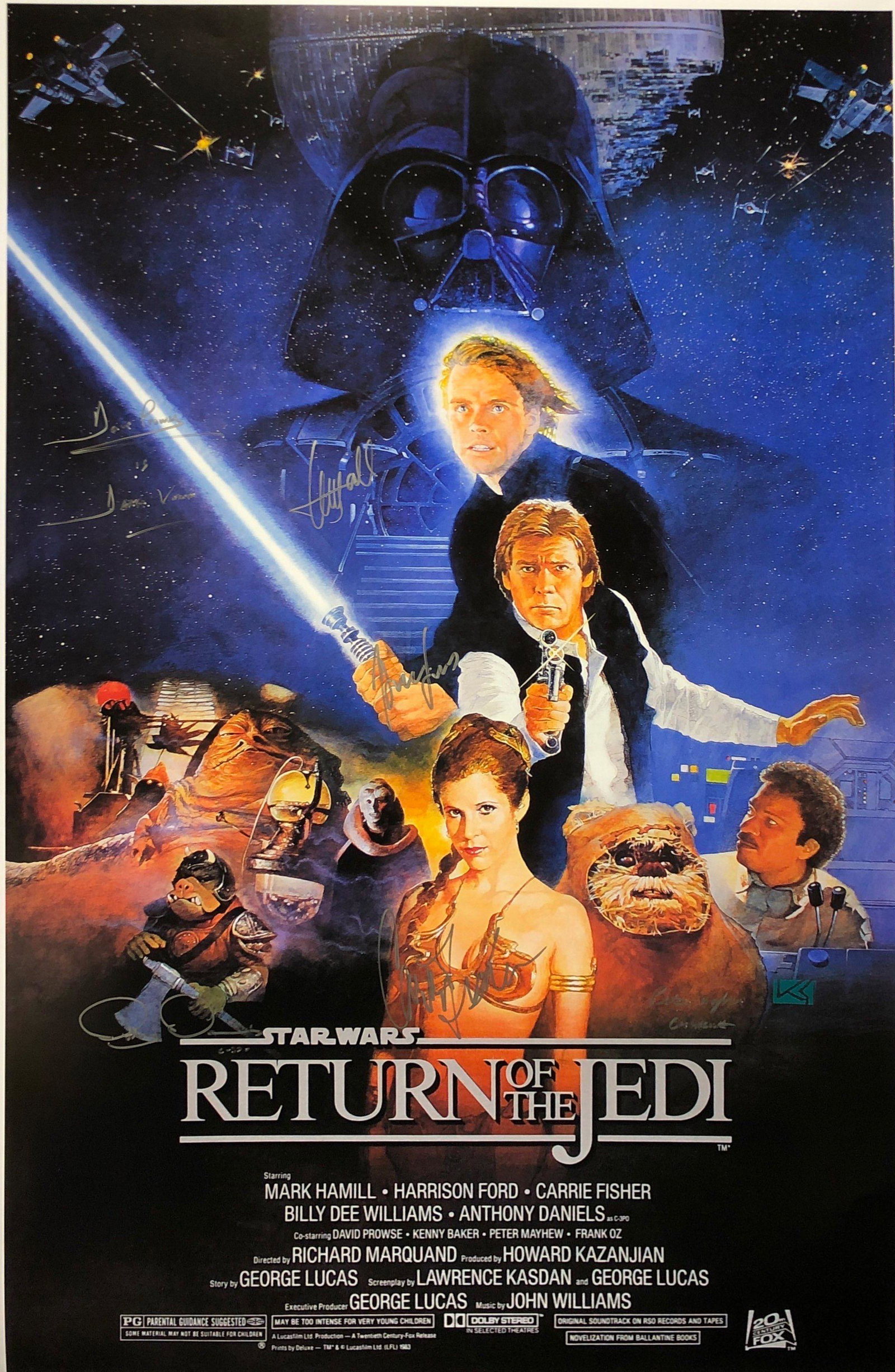 Signed Star Wars Return of Jedi Poster Carrie Fisher: Autographed by:Mark Hamill, Harrison Ford, Carrie Fisher, Dave Prowse, Anthony Daniels, Kenny Baker, Peter Mayhew, George Lucas, Billy Dee Williams, James Earl Jones, Frank Oz, Jeremy Bullock, Julian 