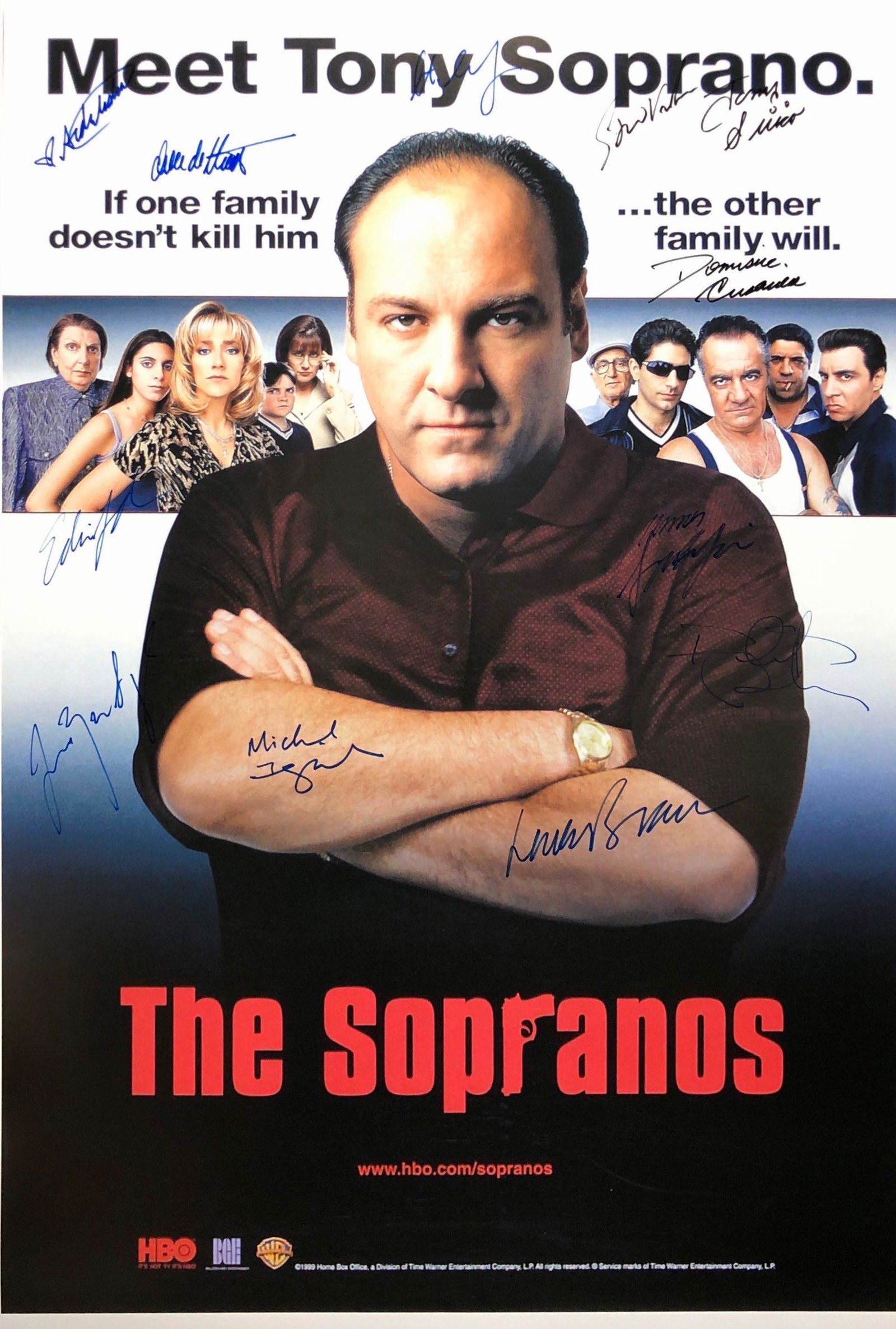 Signed Sopranos Poster James Gandolfini: Autographed by:James Gandolfini, Lorraine Bracco, Edie Falco, Michael Imperioli, Dominic Chianese, Tony Sirico, Robert Iler, Steven Van Zandt, Jamie-Lynn Sigler, Aida Turturro, Drea De Matteo, Steve S