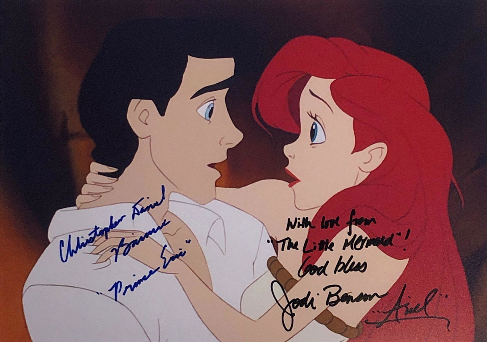 Little Mermaid Jodi Benson Signed Photo: Autographed by:Jodi Benson (Princess Ariel), Christopher Daniel Barnes (Prince Eric)Size: 8" x 10"Authentication Code: PC25124Item is in great condition with no damage, unframed If image of documentat