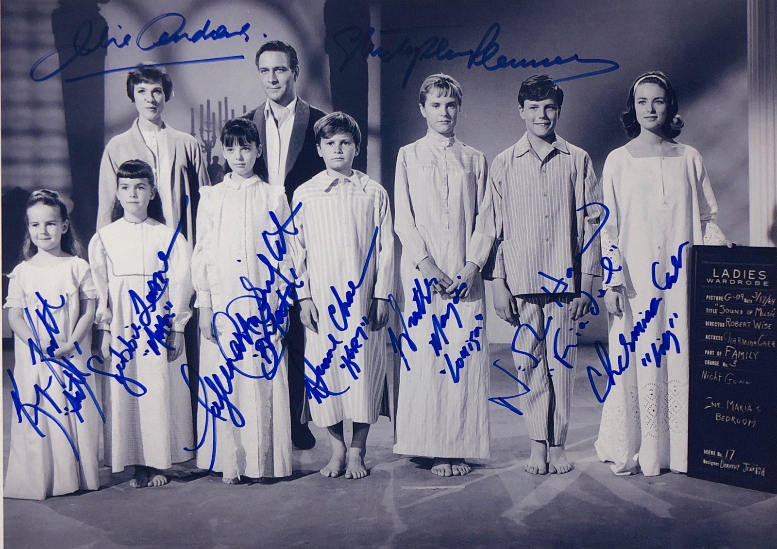 Sound of Music Signed Photo: Autographed by:Julie Andrews, Christopher Plummer, Charmian Carr, Nicholas Hammond, Heather Menzies-Urich, Duane Chase, Angela Cartwright, Debbie Turner, Kym KarathSize: 8" x 8"Authentication Code:PC2