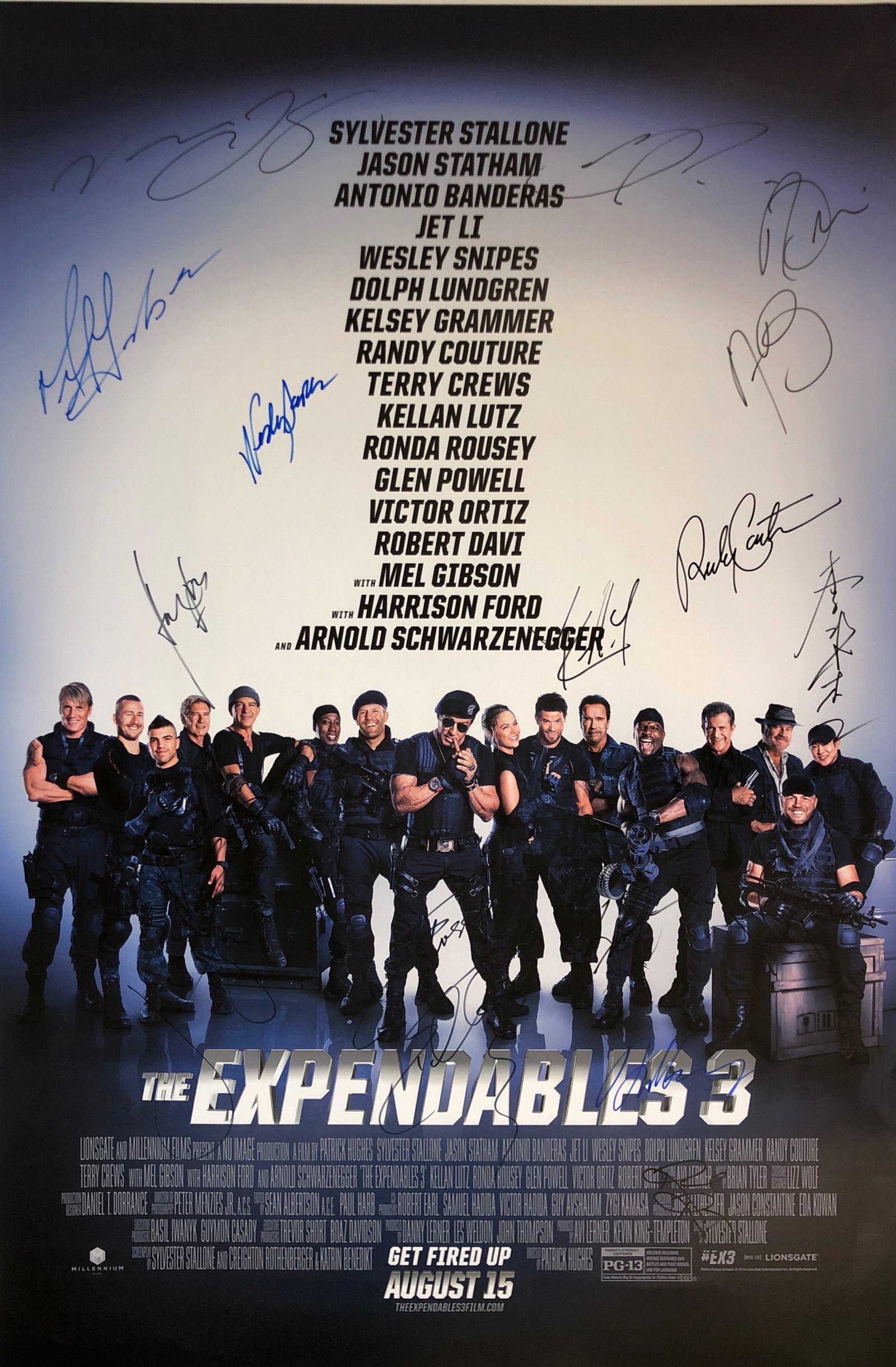 Expendable 3 Sylvester Stallone Signed Poster: Autographed by:Sylvester Stallone, Jason Statham, Harrison Ford, Arnold Schwarzenegger, Mel Gibson, Wesley Snipes, Dolph Lundgren, Randy Couture, Terry Crews, Jet Li, Antonio Banderas, Kelsey Grammer,