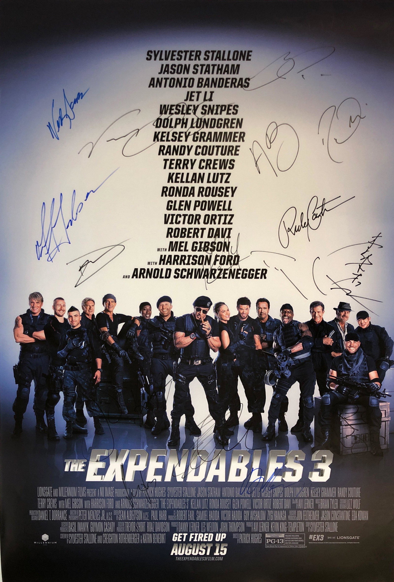 Expendable 3 Harrison Ford Signed Poster: Autographed by:Sylvester Stallone, Jason Statham, Harrison Ford, Arnold Schwarzenegger, Mel Gibson, Wesley Snipes, Dolph Lundgren, Randy Couture, Terry Crews, Jet Li, Antonio Banderas, Kelsey Grammer,