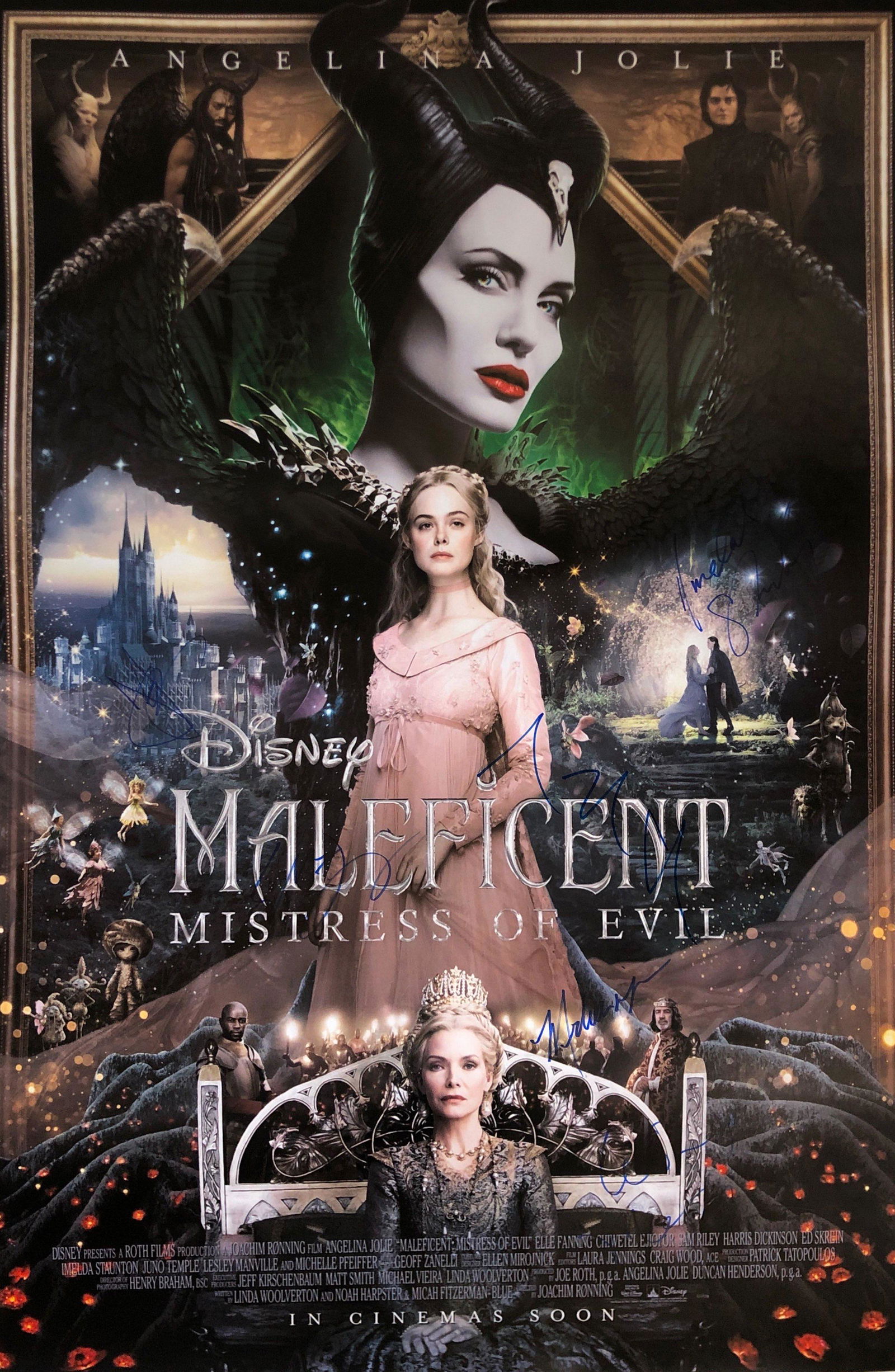 Maleficent 2 Angelina Jolie Signed Poster: Autographed by:Angelina Jolie, Elle Fanning, Michelle Pfeiffer, Lesley Manville, Imelda Staunton, Juno Temple, Sam Riley, Chiwetel EjioforSize: 24" x 36"Authentication Code: P37465Item is in great con