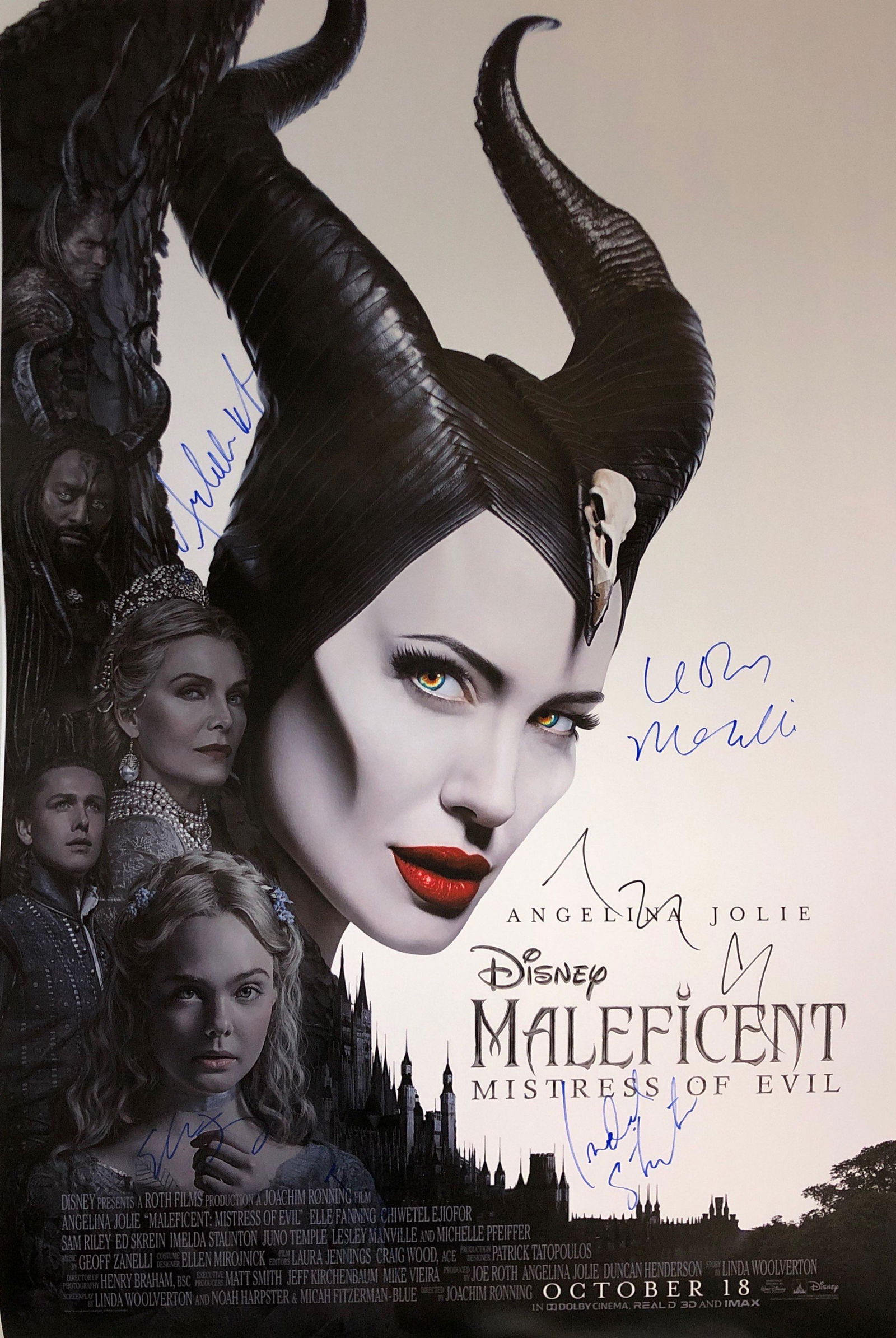 Maleficent 2 Angelina Jolie Signed Poster: Autographed by:Angelina Jolie, Elle Fanning, Michelle Pfeiffer, Lesley Manville, Imelda Staunton, Juno Temple, Sam Riley, Chiwetel EjioforSize: 24" x 36"Authentication Code: P37467Item is in great con