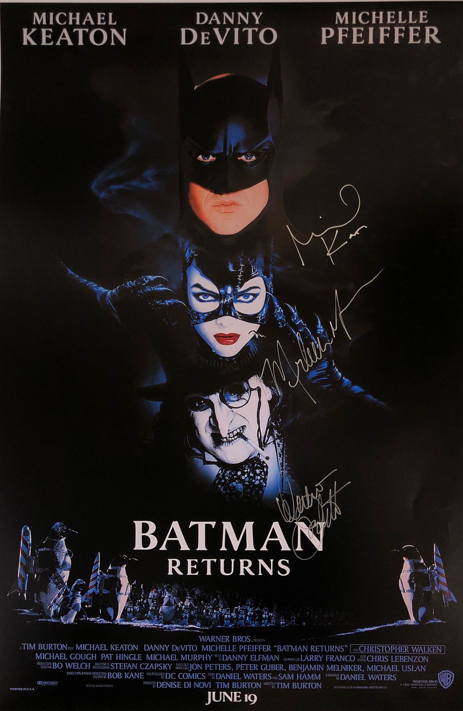 Batman Returns Michael Keaton Signed Poster: Autographed by:Michael Keaton, Michelle Pfeiffer, Danny DeVitoSize: 24" x 36'Authentication Code: P37478Item is in great condition with no damage, unframed If image of documentation is not attached in