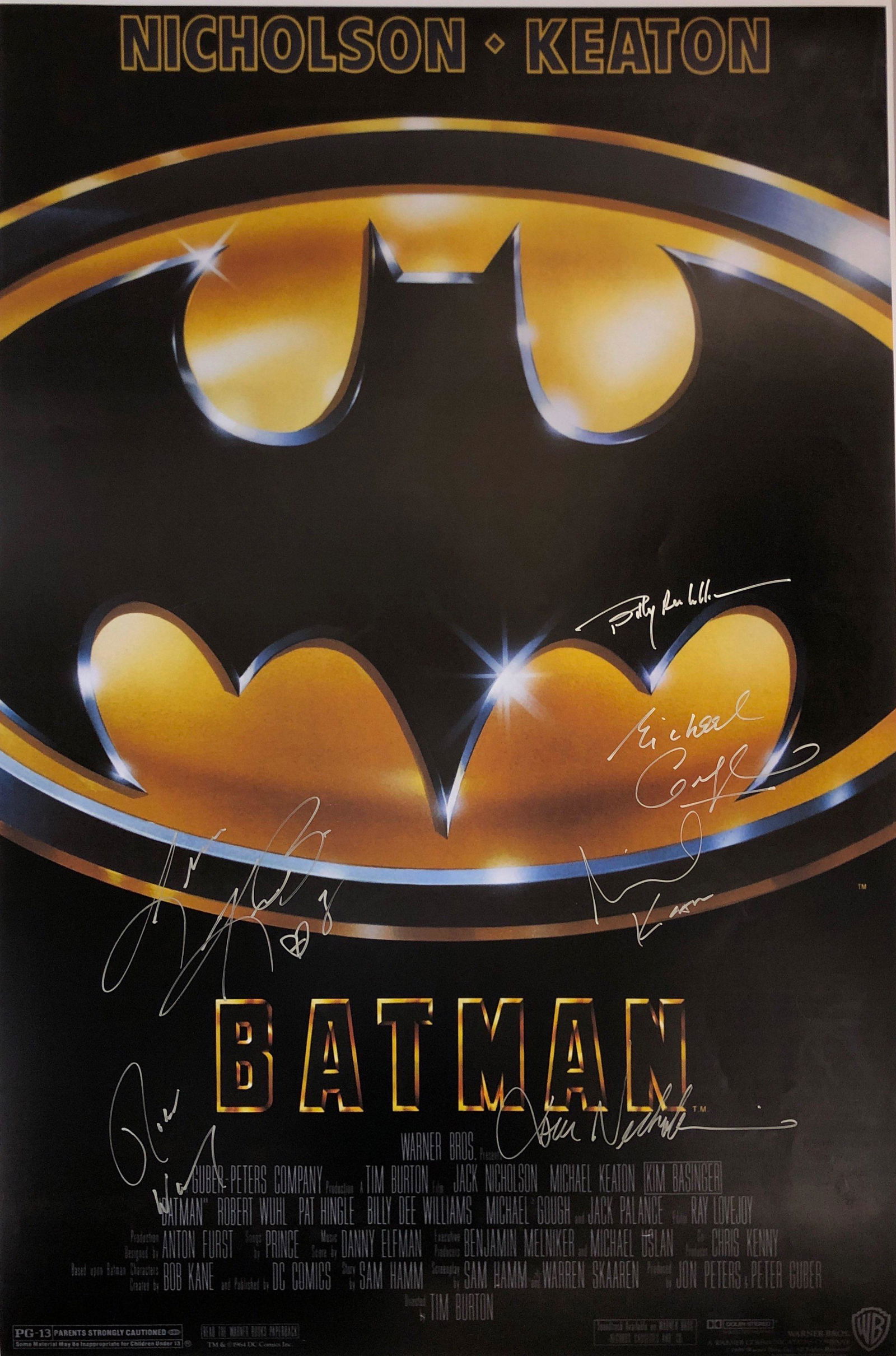 Batman 1989 Michael Keaton Signed Poster: Autographed by:Michael Keaton, Jack Nicholson, Kim Basinger, Robert Whul, Billy Dee Williams, Michael GoughSize: 24" x 36'Authentication Code: P37480Item is in great condition with no damage, unframed