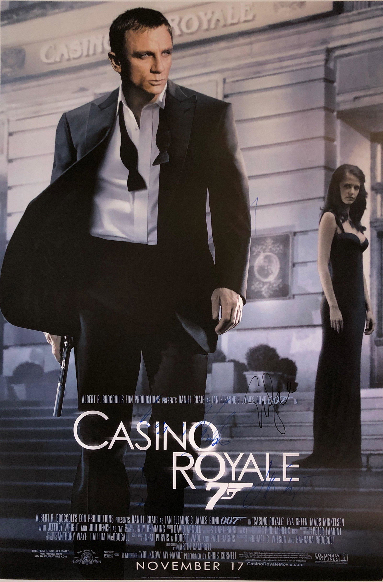 007 Casino Royale Signed Poster: Autographed by:Daniel Craig, Eva Green, Mads Mikkelsen, Judi, Dench, Jeffrey WrightSize: 24" x 36'Authentication Code: P37484Item is in great condition with no damage, unframed If image of documentati