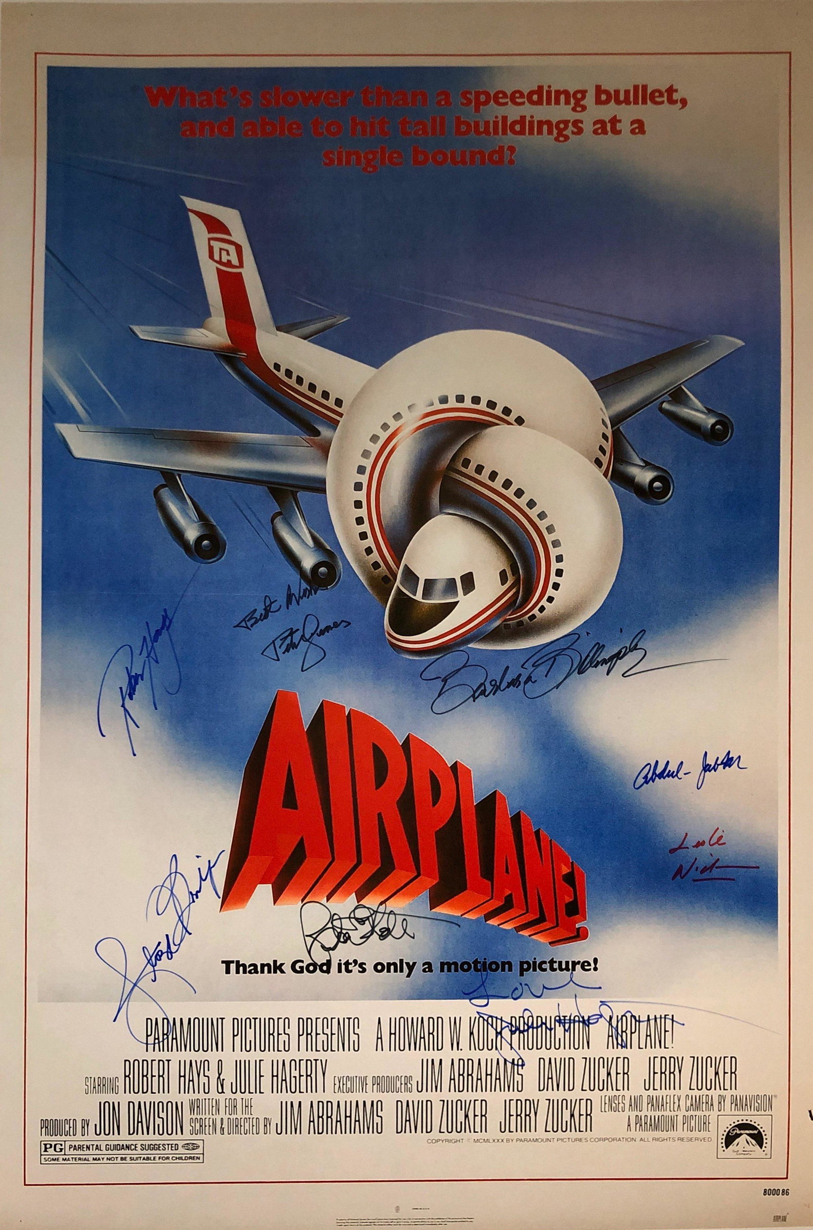 Airplane Robert Hays Signed Poster: Autographed by:Robert Hays, Julie Hagerty, Kareem Abdul Jabbar, Leslie Nielsen, Lloyd Bridges, Barbara Billingsley, Robert Stack, Peter GravesSize: 24" x 36'Authentication Code: P37486Item is in great