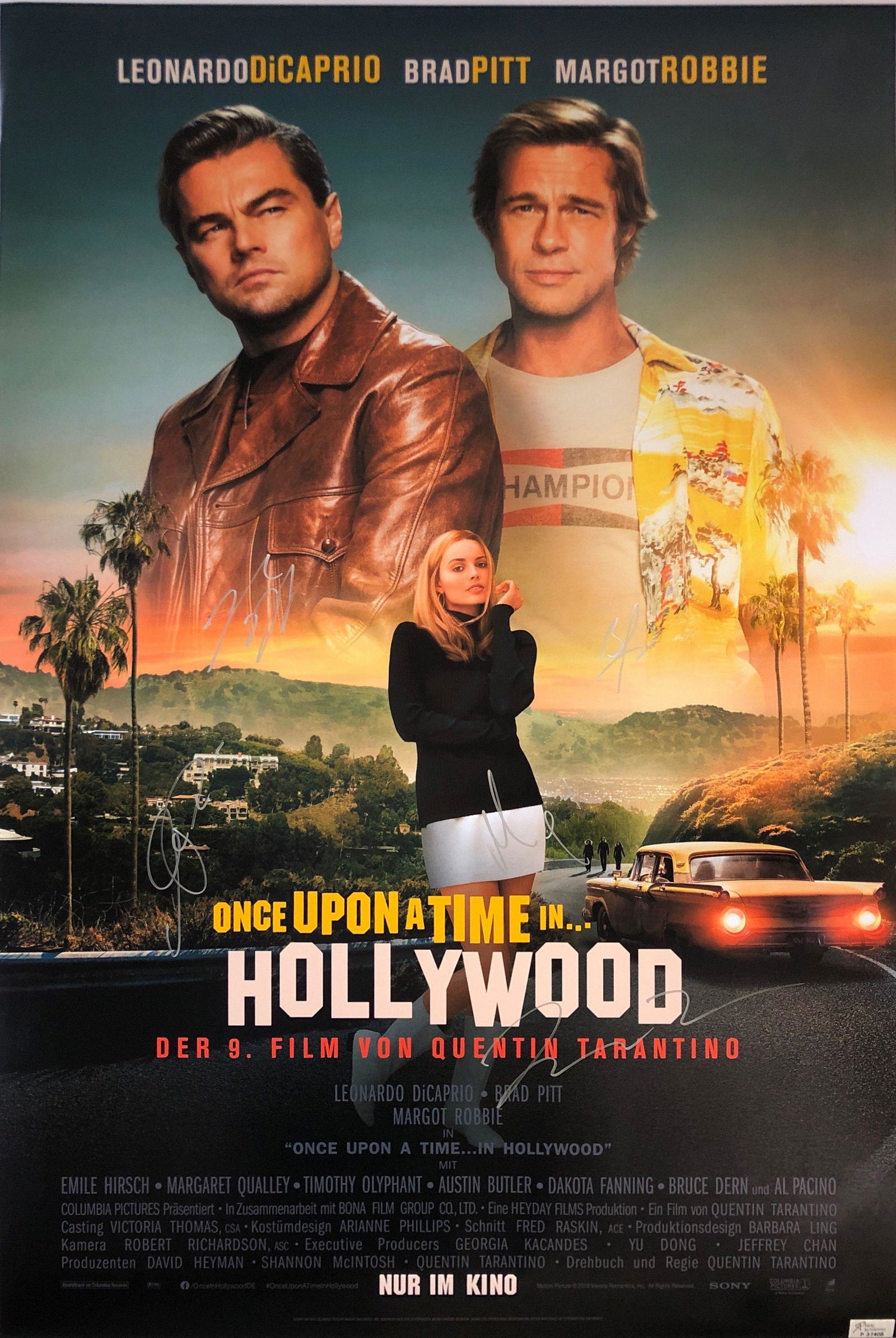Once Upon a Time in Hollywood Signed Poster: Autographed by:Brad Pitt, Leonardo DiCaprio, Al Pacino, Margot Robbie, Quentin TarantinoSize: 24" x 36'Authentication Code: P37408Item is in great condition with no damage, unframed If image of docume