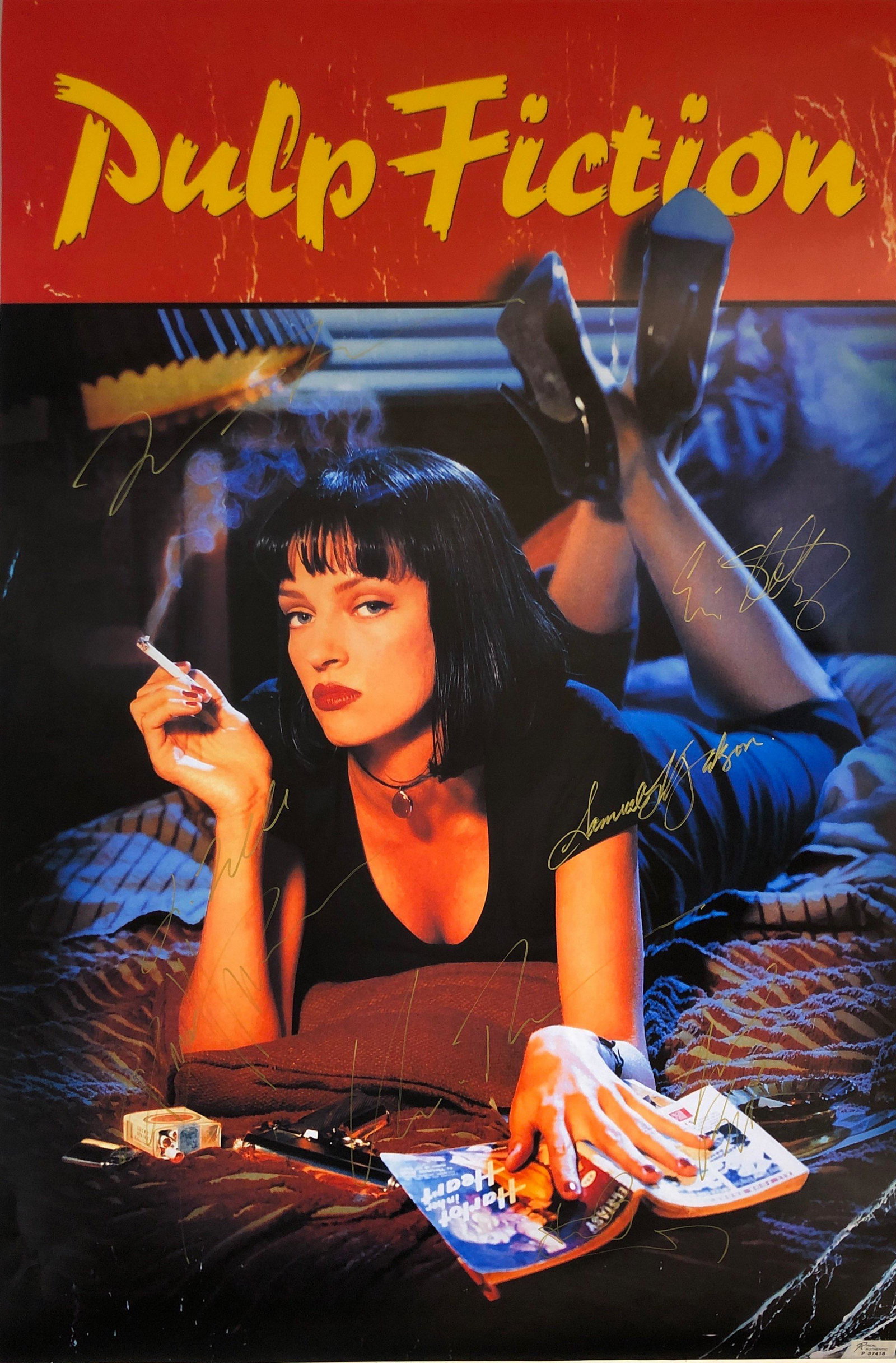 Pulp Fiction Uma Thurman Signed Poster: Autographed by:Uma Thurman, John Travolta, Samuel L. Jackson, Tim Roth, Amanda Plummer, Eric Stoltz, Bruce Willis, Quentin TarantinoSize: 24" x 36'Authentication Code: P37418Item is in great condition