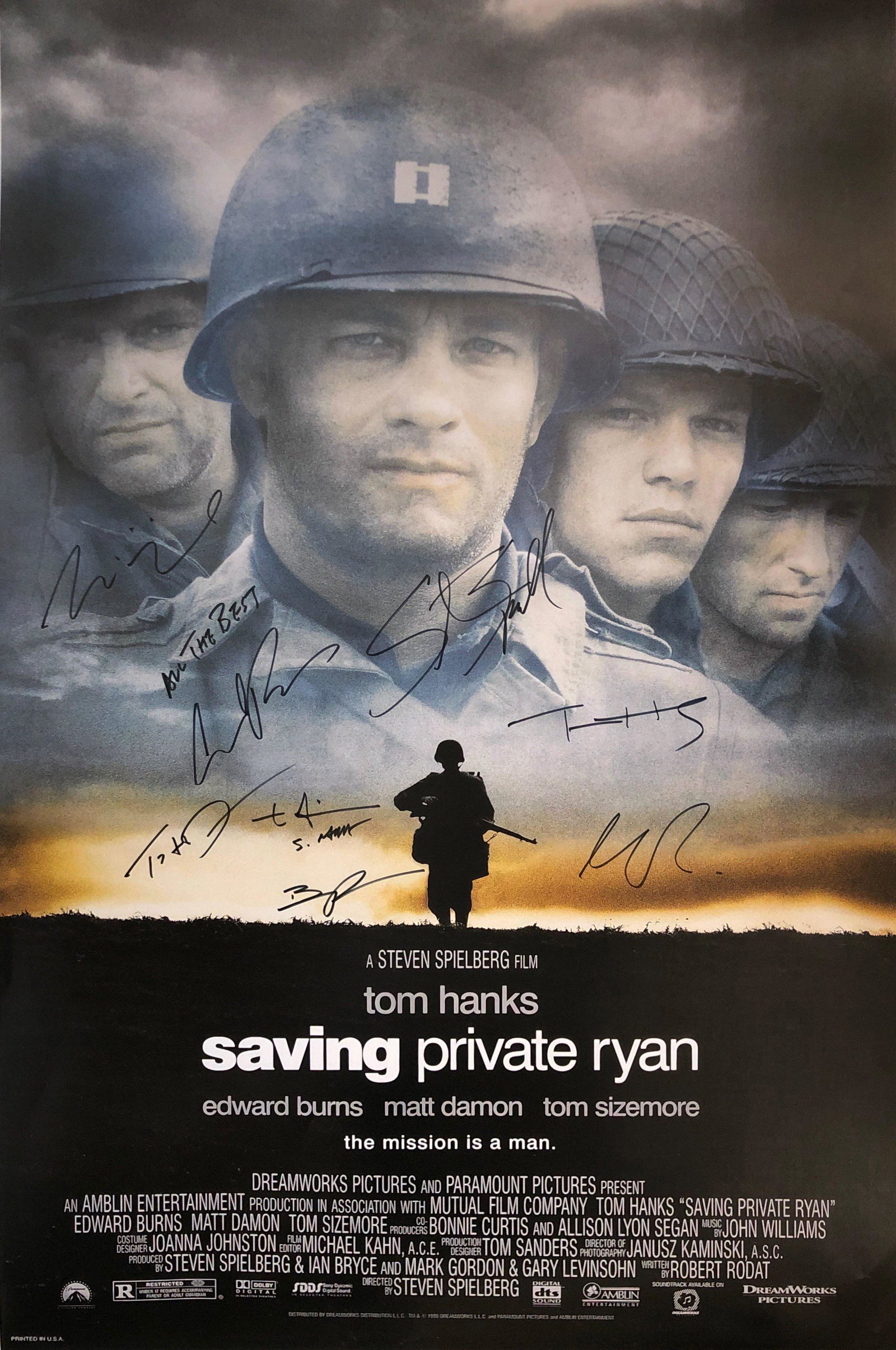 Saving Pirate Ryan Tom Hanks Signed Poster: Autographed by:Tom Hanks, Matt Damon, Tom Sizemore, Ed Burns, Vin Diesel, Barry Pepper, Ted Danson, Steven SpielbergSize: 24" x 36"Authentication Code: P37512Item is in great condition with no damage,