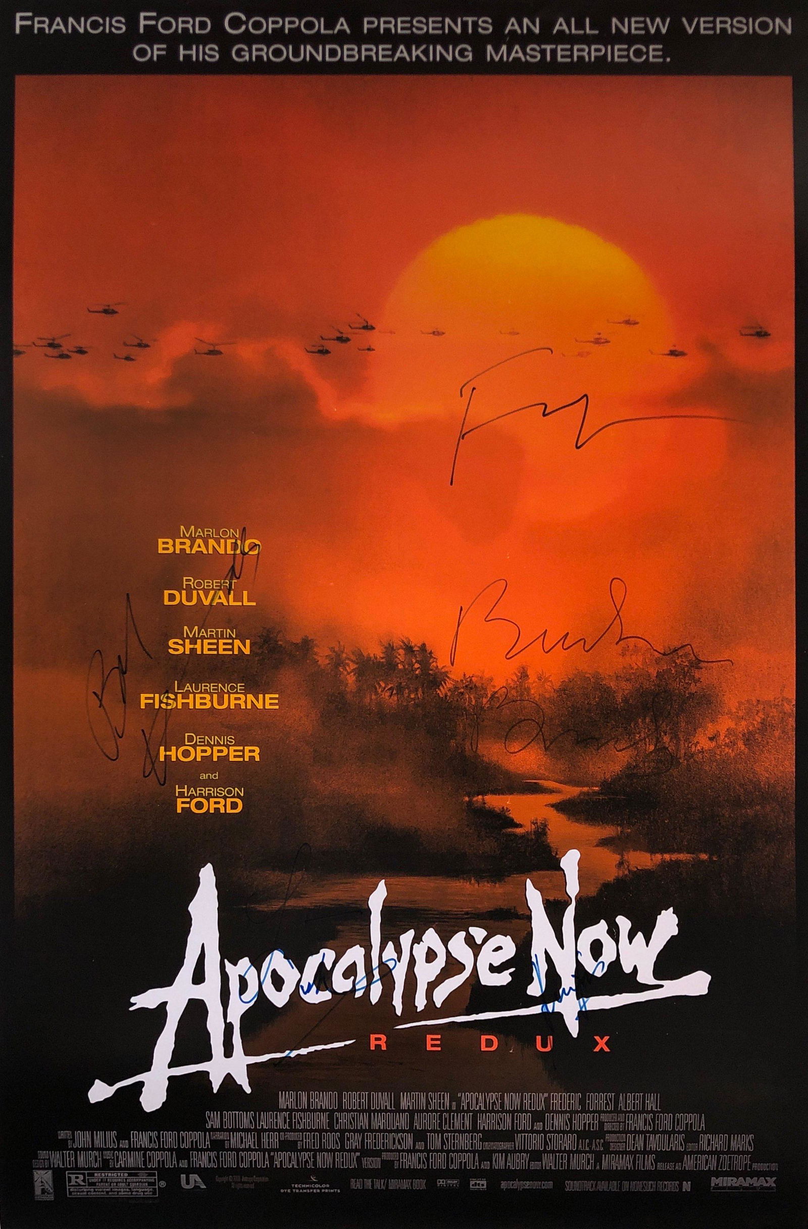 Apocalypse Now Marlon Brandon Signed Poster: Autographed by:Marlon Brandon, Robert Duvall, Harrison Ford, Francis Ford Coppola, Laurence FishburneSize: 24" x 36"Authentication Code: P37387Item is in great condition with no damage, unframed If im
