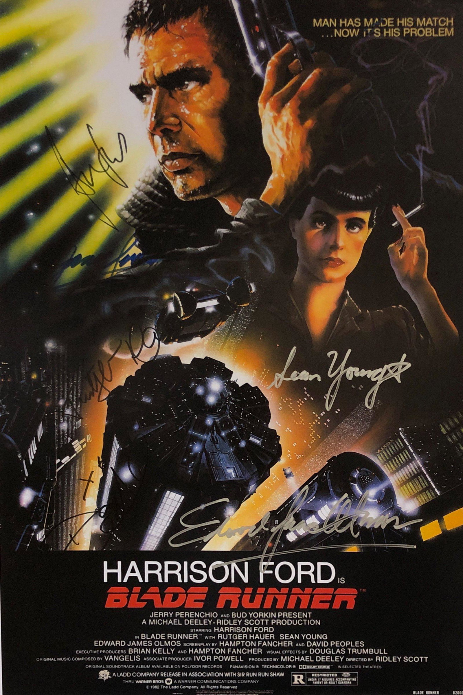 Blade Runner Harrison Ford Signed Poster: Autographed by:Harrison Ford, Rutger Hauer, Daryl Hannah, Sean Young, Edward James Olmos, Joanna Cassidy, Ridley ScottSize: A3Authentication Code: P37544Item is in great condition with no damage, unfr
