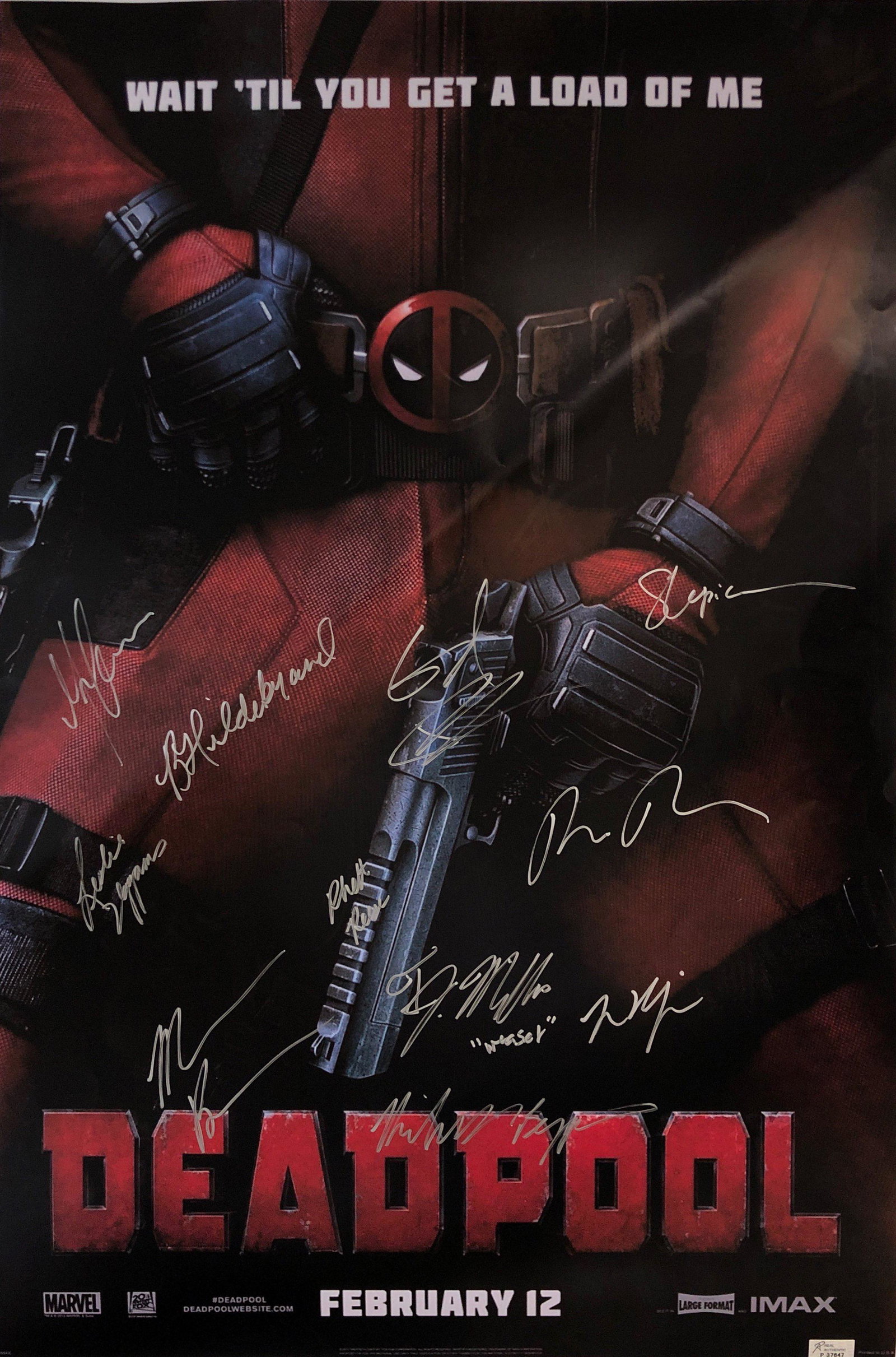 Deadpool Ryan Reynolds Signed Poster: Autographed by:Tim Miller, Ryan Reynolds, Morena Baccarin, Ed Skrein, Stefan Kapicic, Leslie Uggams, Gina Carano, Brianna Hildebrand, Michael Benyaer, Rhett Reese, T.J. Miller, Stan LeeSize: 24" x 36"
