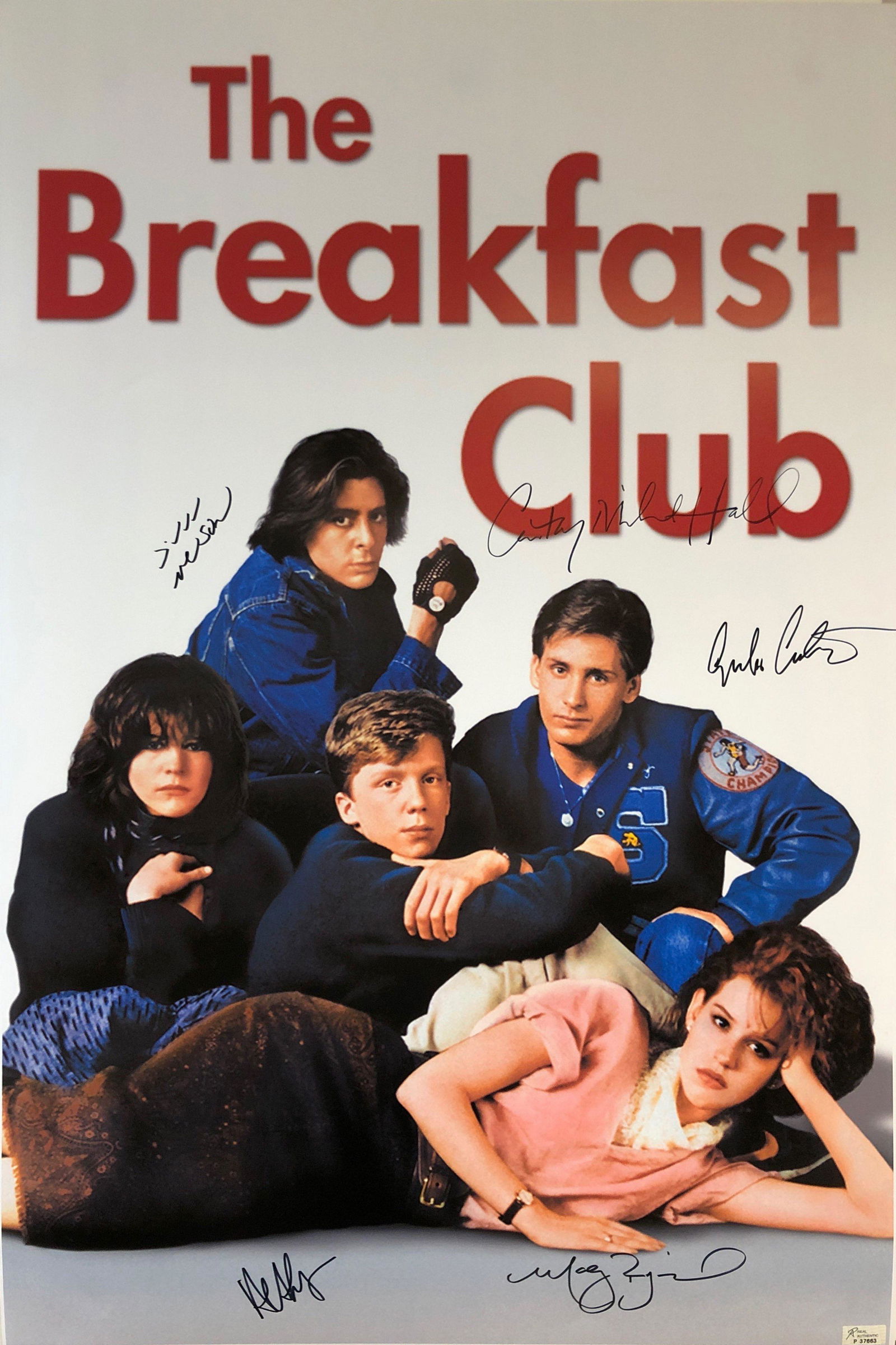 Breakfast Club Molly Ringwald Signed Poster: Autographed by:Molly Ringwald, Judd Nelson, Anthony Michael Hall, Emilio Estevez, Ally SheedySize: 24" x 36"Authentication Code: P37663Item is in great condition with no damage, unframed If image of d