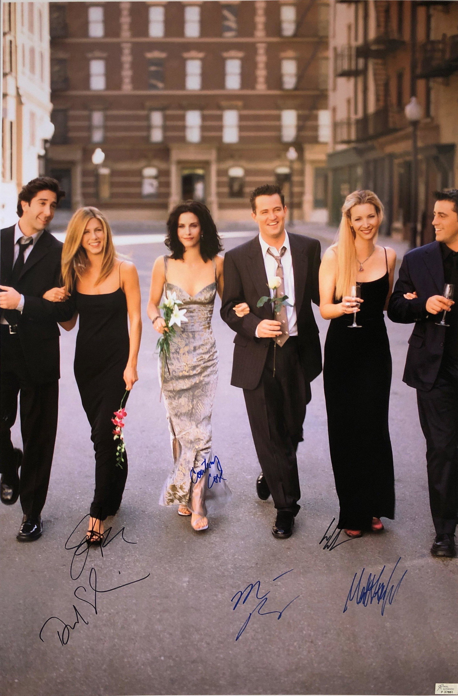 FRIENDS Jennifer Aniston Signed Poster: Autographed by:Jennifer Aniston, Courteney Cox, Matthew Perry, David Schwimmer, Lisa Kudrow, Matt LeBlancSize: 24" x 36"Authentication Code: P37681Item is in great condition with no damage, unframed I