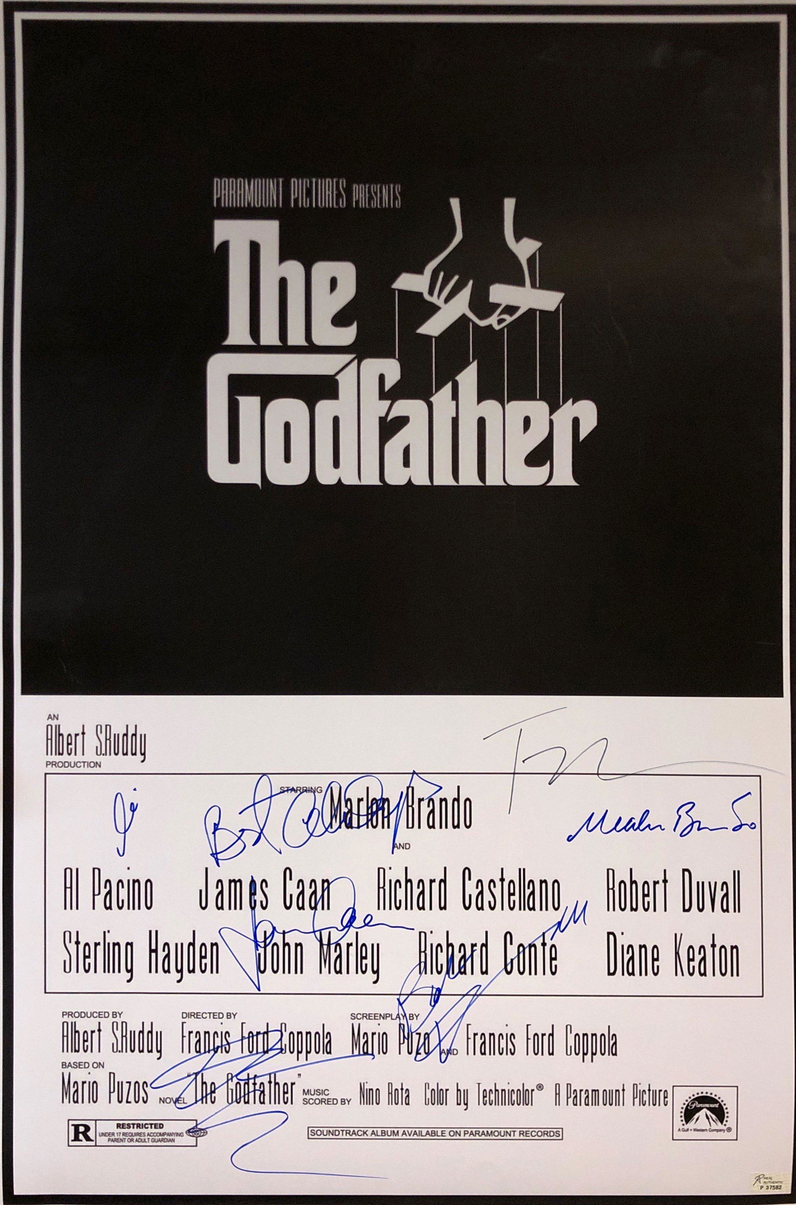 Godfather Al Pacino Signed Poster: Autographed by:Al Pacino, Marlon Brando, James Caan, Robert Duvall, Diane Keaton, Francis Ford CoppolaSize: 24" x 36"Authentication Code: P37582Item is in great condition with no damage, unframed If i