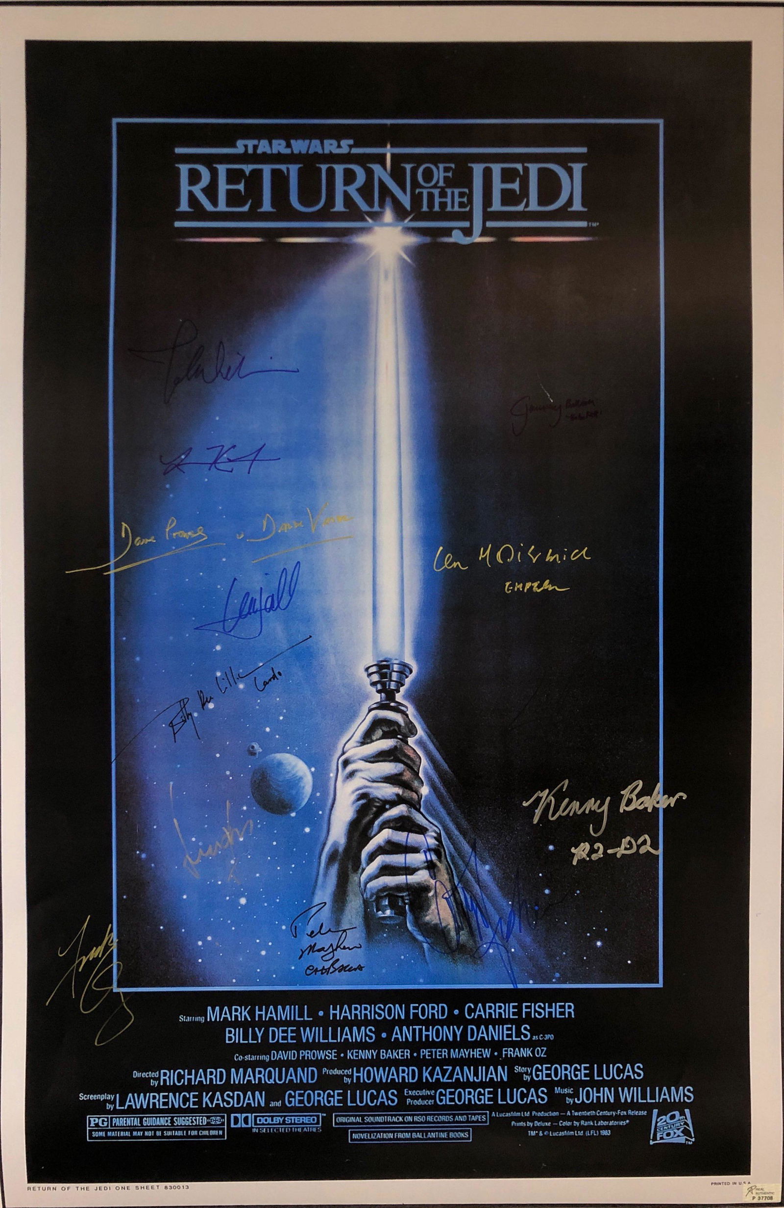 Star Wars Mark Hamill Signed Poster: Autographed by:Kenny Baker, Carrie Fisher, George Lucas, Ian McDiarmid, Peter Mayhew, Frank Oz, Harrison Ford, Billy Dee Williams, Mark Hamill, Dave Prowse, Lawrence Kasdan, John Williams, Jeremy Bull