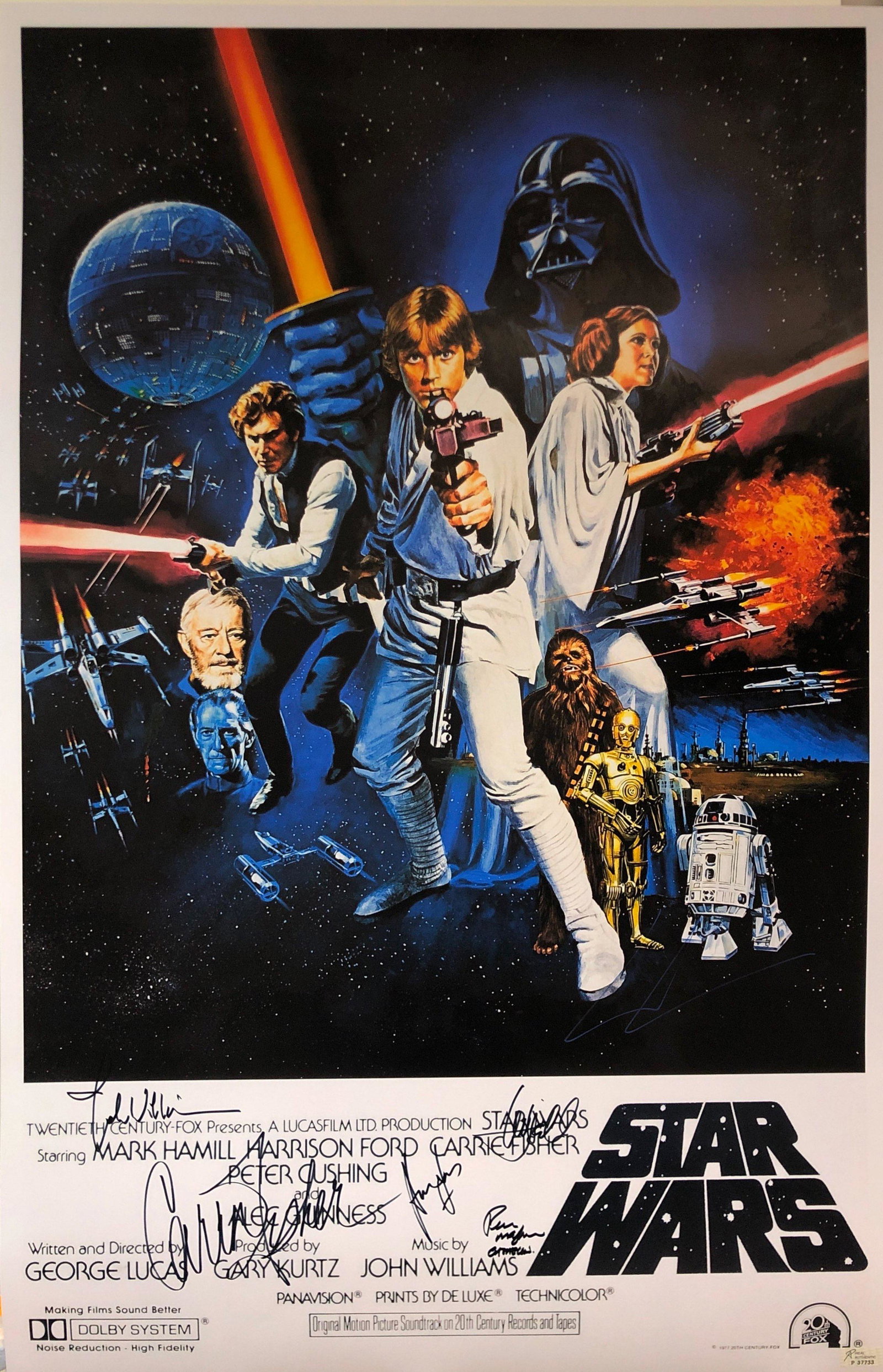 Star Wars New Hope Signed Poster: Autographed by:John Williams, Harrison Ford, Mark Hamill, Carrie Fisher, Peter Mayhew, George LucasSize: 24" x 36"Authentication Code: P37733Item is in great condition with no damage, unframed If imag