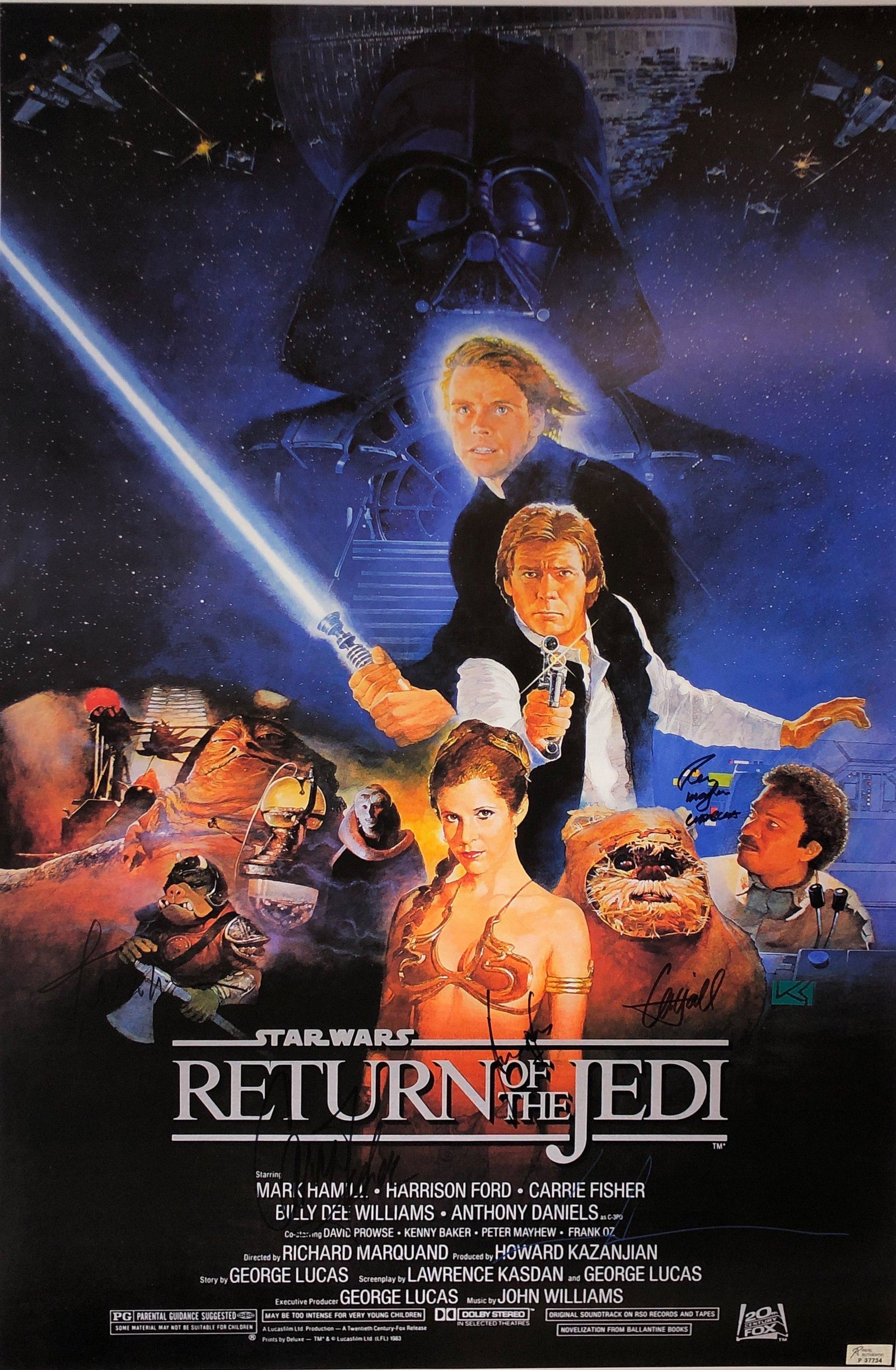 Star Wars Return of Jedi Signed Poster: Autographed by:John Williams, Harrison Ford, Mark Hamill, Carrie Fisher, Peter Mayhew, George LucasSize: 24" x 36"Authentication Code: P37734Item is in great condition with no damage, unframed If imag
