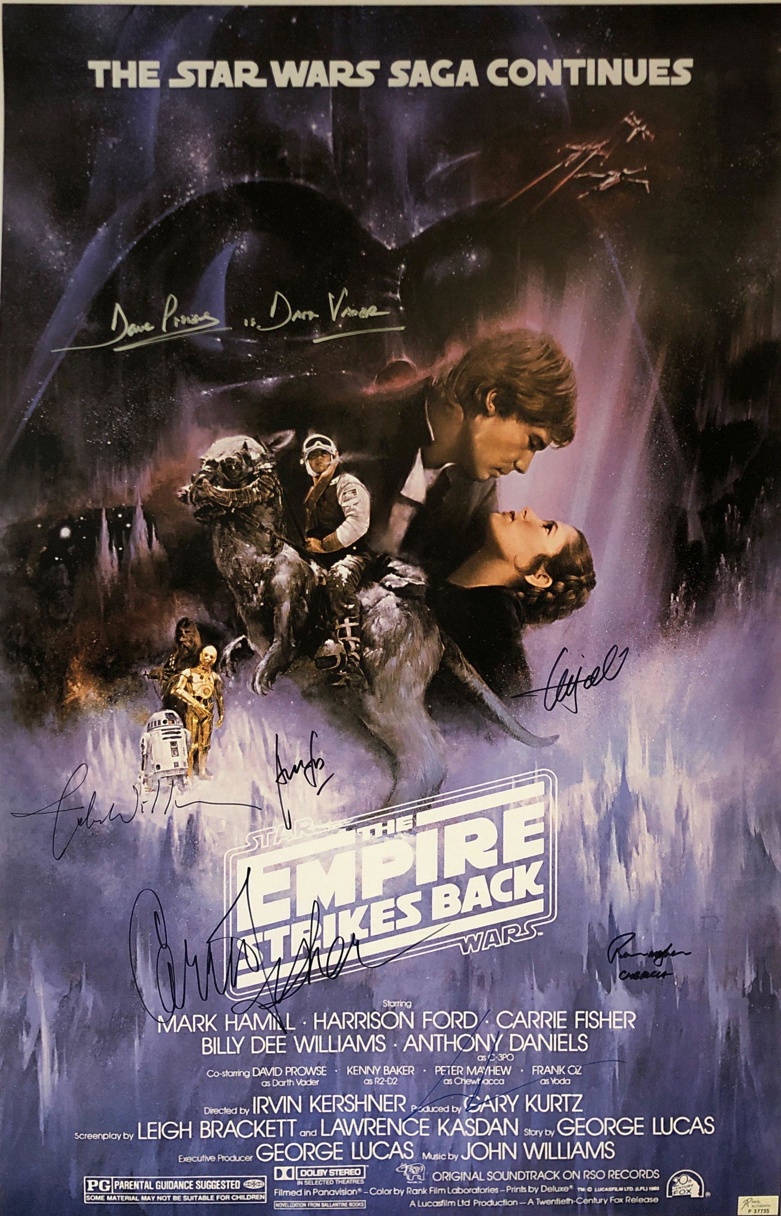 Star Wars Empire Strikes Back Signed Poster: Autographed by:John Williams, Harrison Ford, Mark Hamill, Carrie Fisher, Peter Mayhew, George Lucas, Dave ProwseSize: 24" x 36"Authentication Code: P37735Item is in great condition with no damage, unf