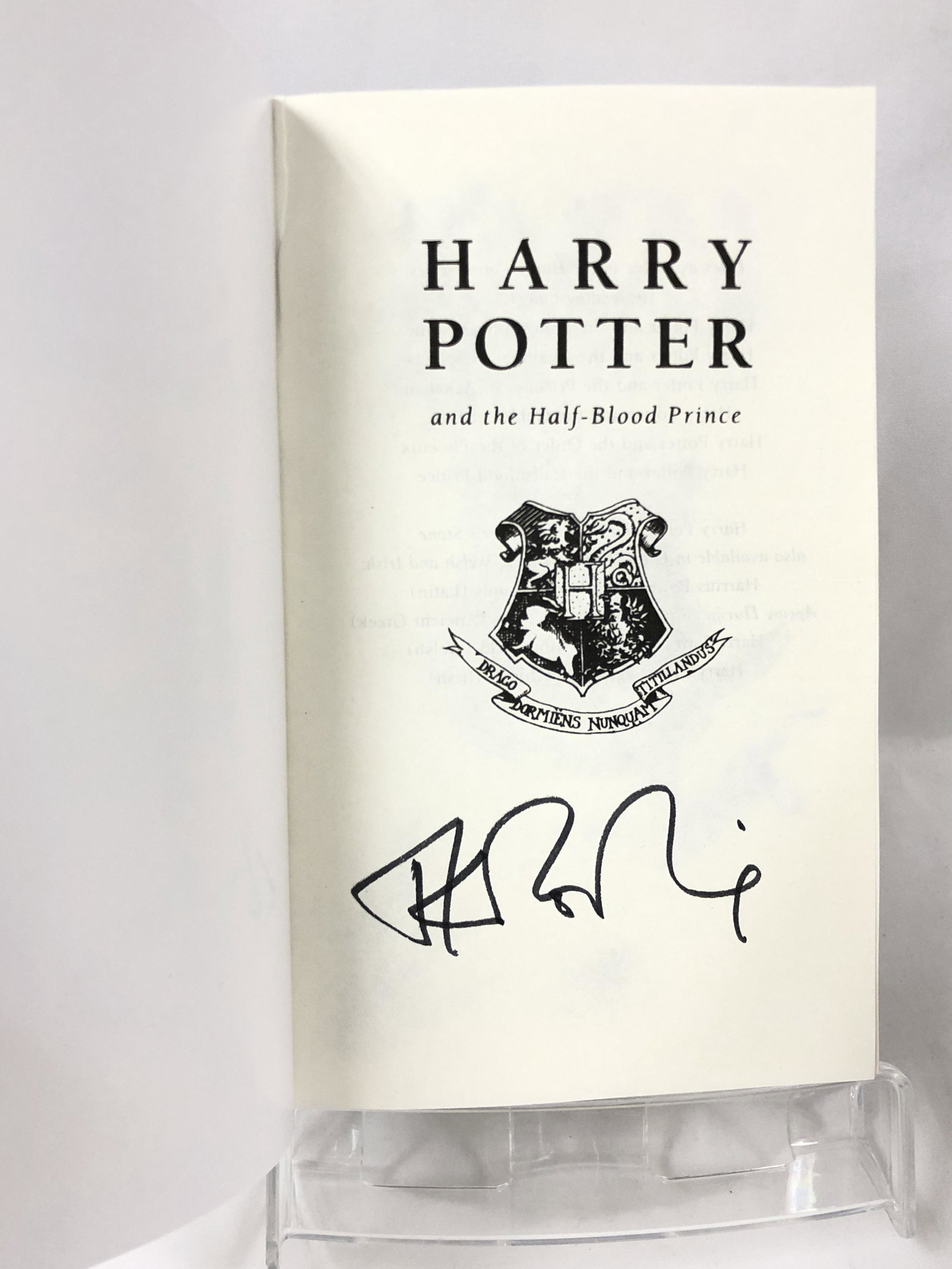 Harry Potter JK Signed Half Blood Prince Book: Autographed by:JK Rowling, Daniel Radcliffe, Emma Watson, Rupert Grint Authentication Code: MP32827Item is in great condition with no damage, unframed If image of documentation is not attached in the 
