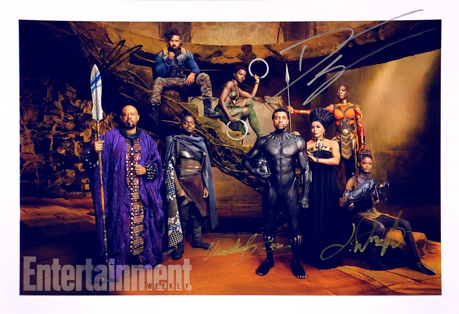 Chadwick Boseman Autograph Signed Black Panther Photo: Category: Autograph Photo CollectiblesSize: Width 8 inches x Height 10 inchesAutograph Includes: Chadwick Boseman, Danai Gurira, Letitia Wright, Michael B. JordanItem is in great condition with no dam
