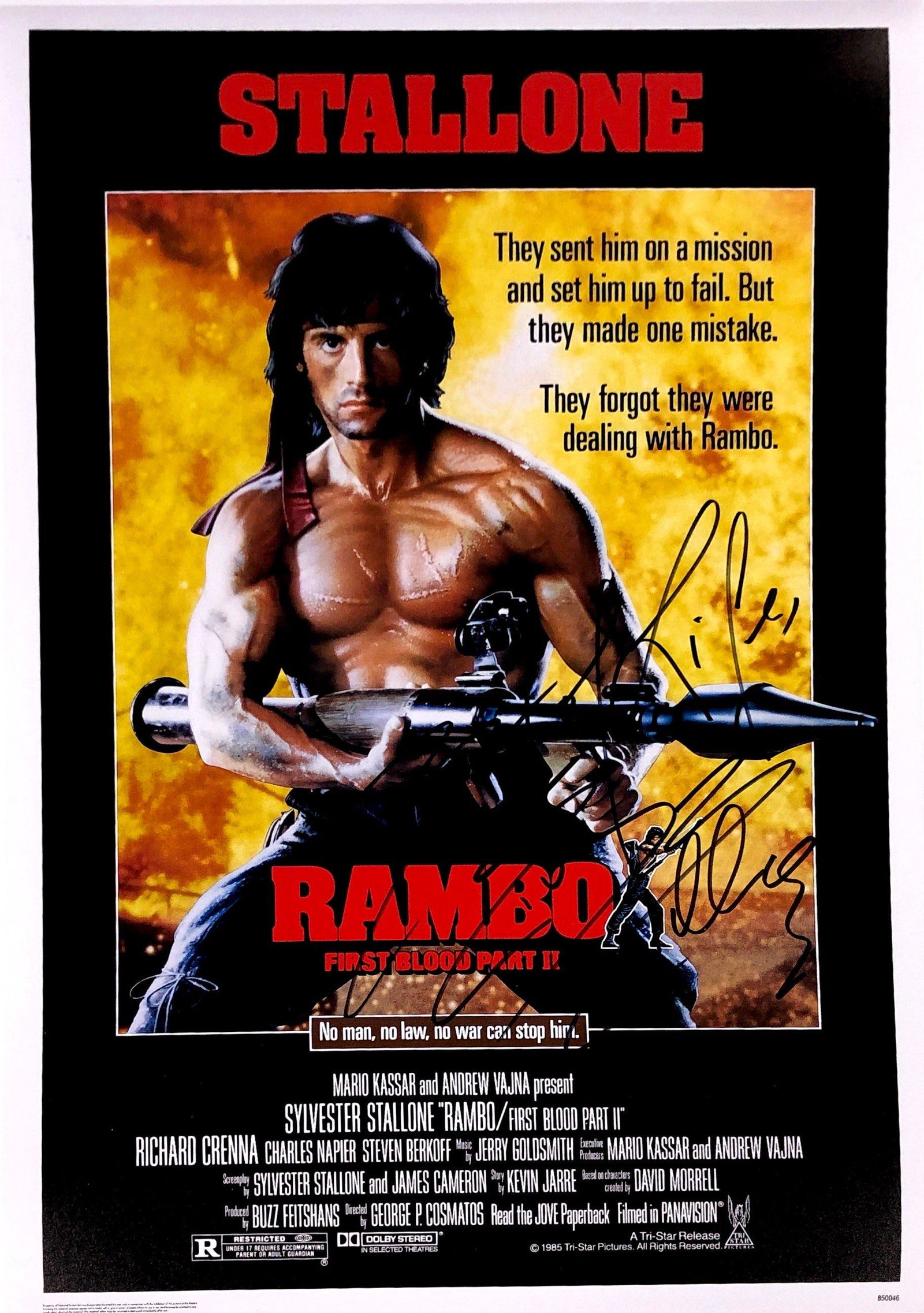 Sylvester Stallone Autograph Signed Rambo Poster: Category: Autograph CollectiblesSize: Width 16 inches x Height 11 inchesAutograph Includes: Sylvester StalloneItem is in great condition with no damage, unframedIf image of documentation is attached i