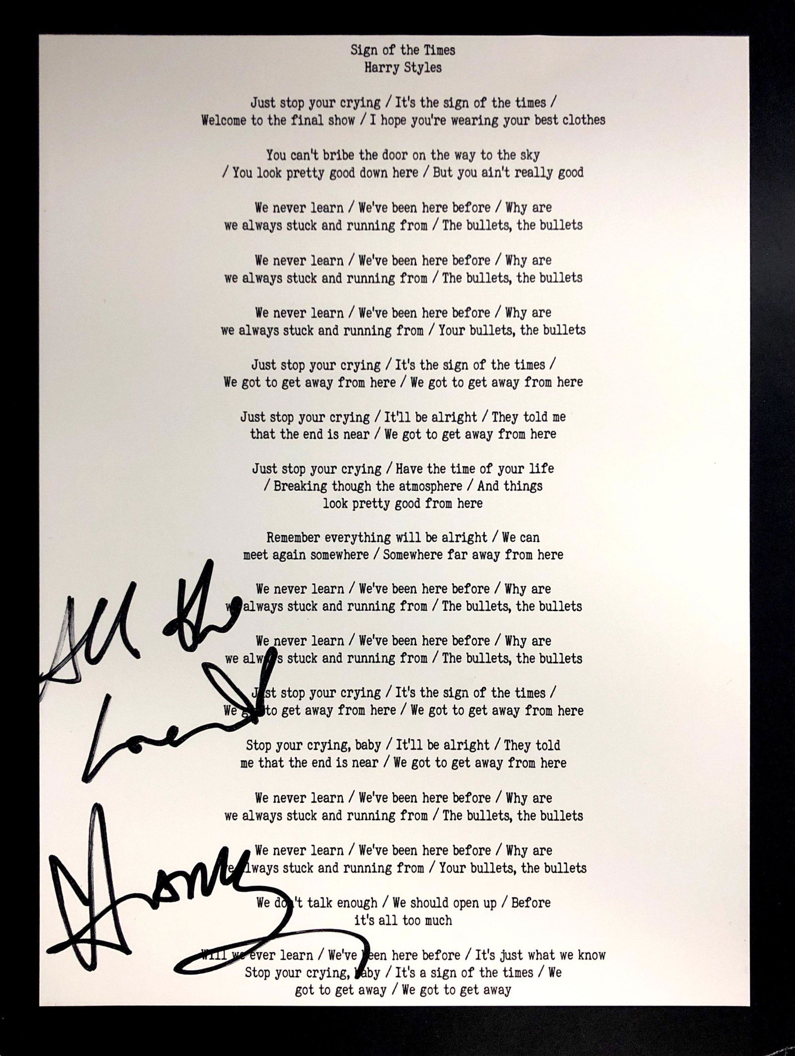 Harry Styles Autograph Signed Sign Of The Times Lyrics Dec 12 2020 Katarzyna Auction In United Kingdom