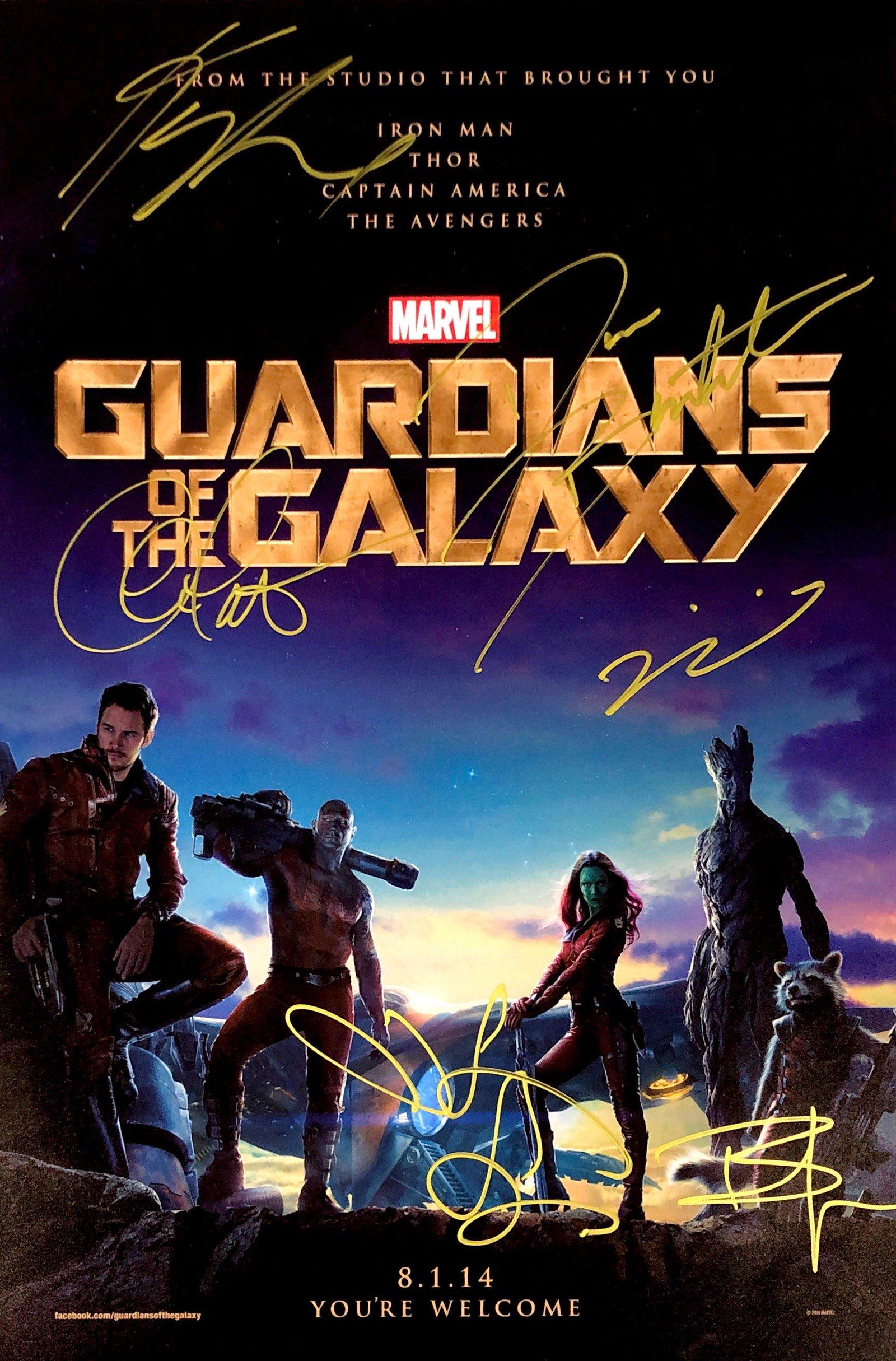 Chris Pratt Autograph Signed Guandians of the Galaxy: Category: Autograph CollectiblesSize: Width 16 inches x Height 11 inchesAutograph Includes: Chris Pratt, Vin Diesel, Karen Gillian, Zoe Saldana, Bradley Cooper, Dave BautistaItem is in great condition