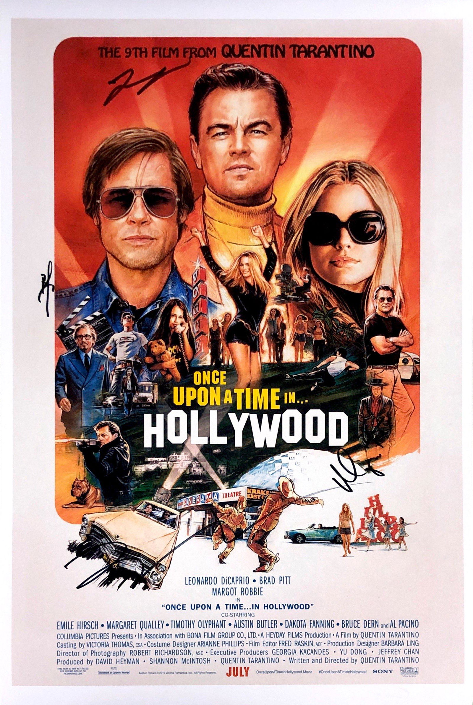 Quentin Tarantino Autograph Signed Once Upon a Time in: Category: Autograph CollectiblesSize: Width 16 inches x Height 11 inchesAutograph Includes: Margot Robbie, Brad Pitt, Leonardo DiCarpio, Quentin TarantinoItem is in great condition with no damage, unf