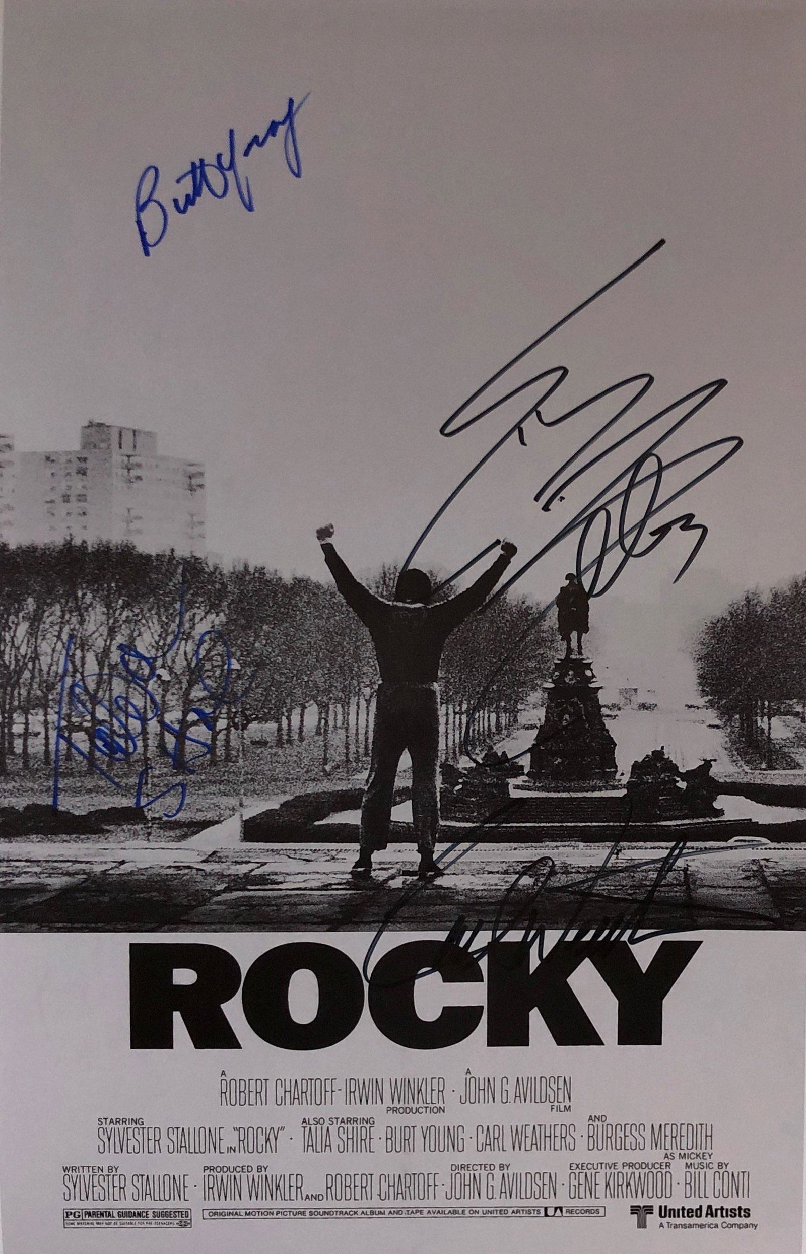 Sylvester Stallone Autograph Signed Rocky Poster: Category: Autograph CollectiblesSize: Width 24 inches x Height 36 inchesAutograph Includes: Sylvester Stallone, Carl Weathers, Talia Shire, Burt YoungItem is in great condition with no damage, unframe