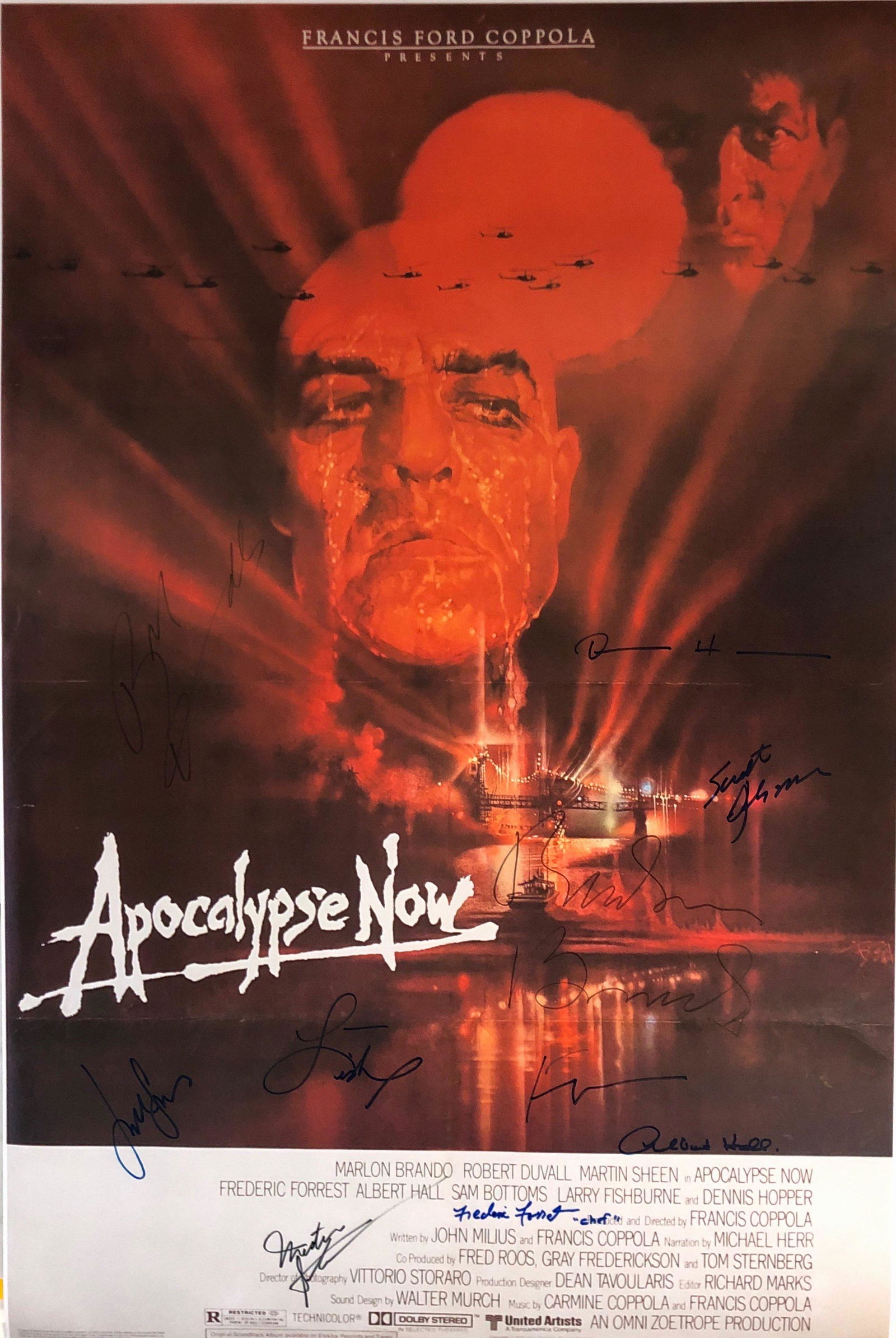 Marlon Brandon Autograph Signed Apocalypse Now Poster: Category: Autograph CollectiblesSize: Width 24 inches x Height 36 inchesAutograph Includes: Marlon Brandon, Martin Sheen, Robert Duvall, Frederic Forrest, Laurence Fishburne, Albert Hall, Harrison For