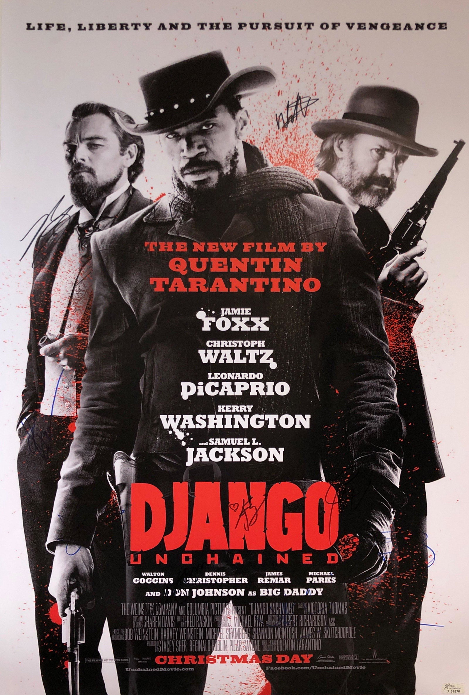 Leonardo DiCaprio Autograph Signed Django Poster: Category: Autograph CollectiblesSize: Width 24 inches x Height 36 inchesAutograph Includes: Leonardo DiCaprio, Jamie Foxx, Kerry Washington, Christoph Waltz, Samuel L Jackson, Walton Goggins, James Re