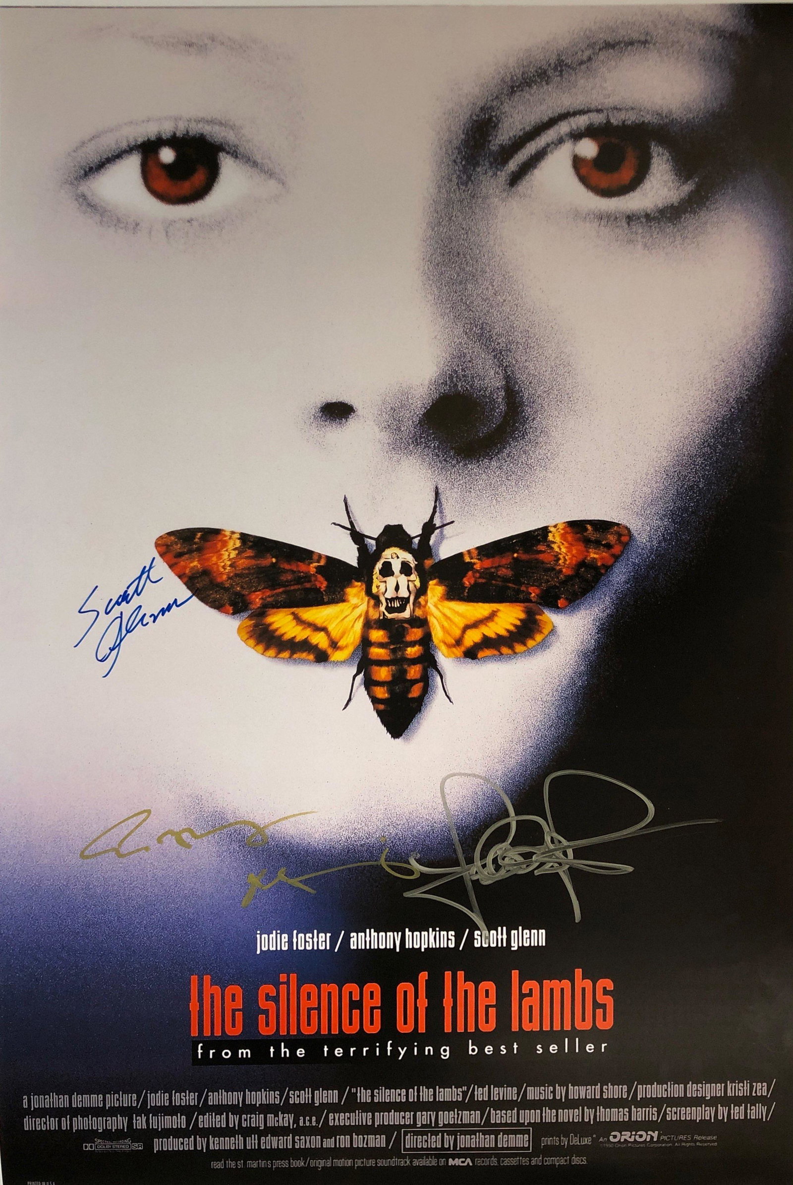Jodie Foster Autograph Signed Silence of the Lamb: Category: Autograph CollectiblesSize: Width 24 inches x Height 36 inchesAutograph Includes: Jodie Foster, Anthony Hopkins, Scott GlennItem is in great condition with no damage, unframedIf image of doc