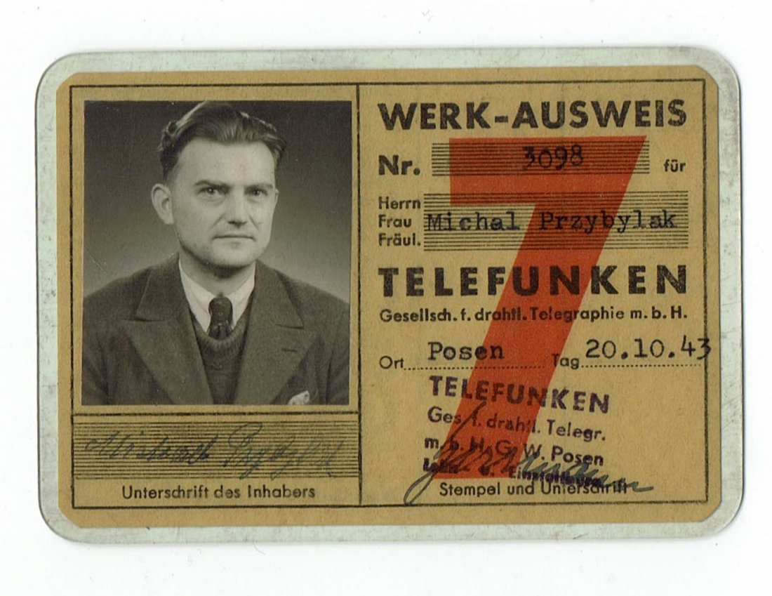 GERMAN COMPANIES FORCED LABOUR TELEFUNKEN AUSWEIS ID KL: Ausweis ID Telefunken Posen, NICE AND RARE.