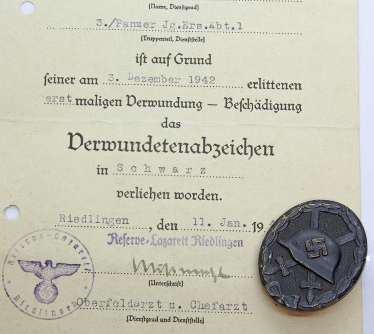 PANZER GROSSDEUTSCHLAND WOUND BADGE + AWARD DOC: WW2 GERMAN NAZI PANZER GRENADIER DIVISION BLACK WOUND BADGE MEDAL + AWARD DOCUMENT, NEAR MINT CONDITION. RARE TO FIND FROM THIS DIVISION!