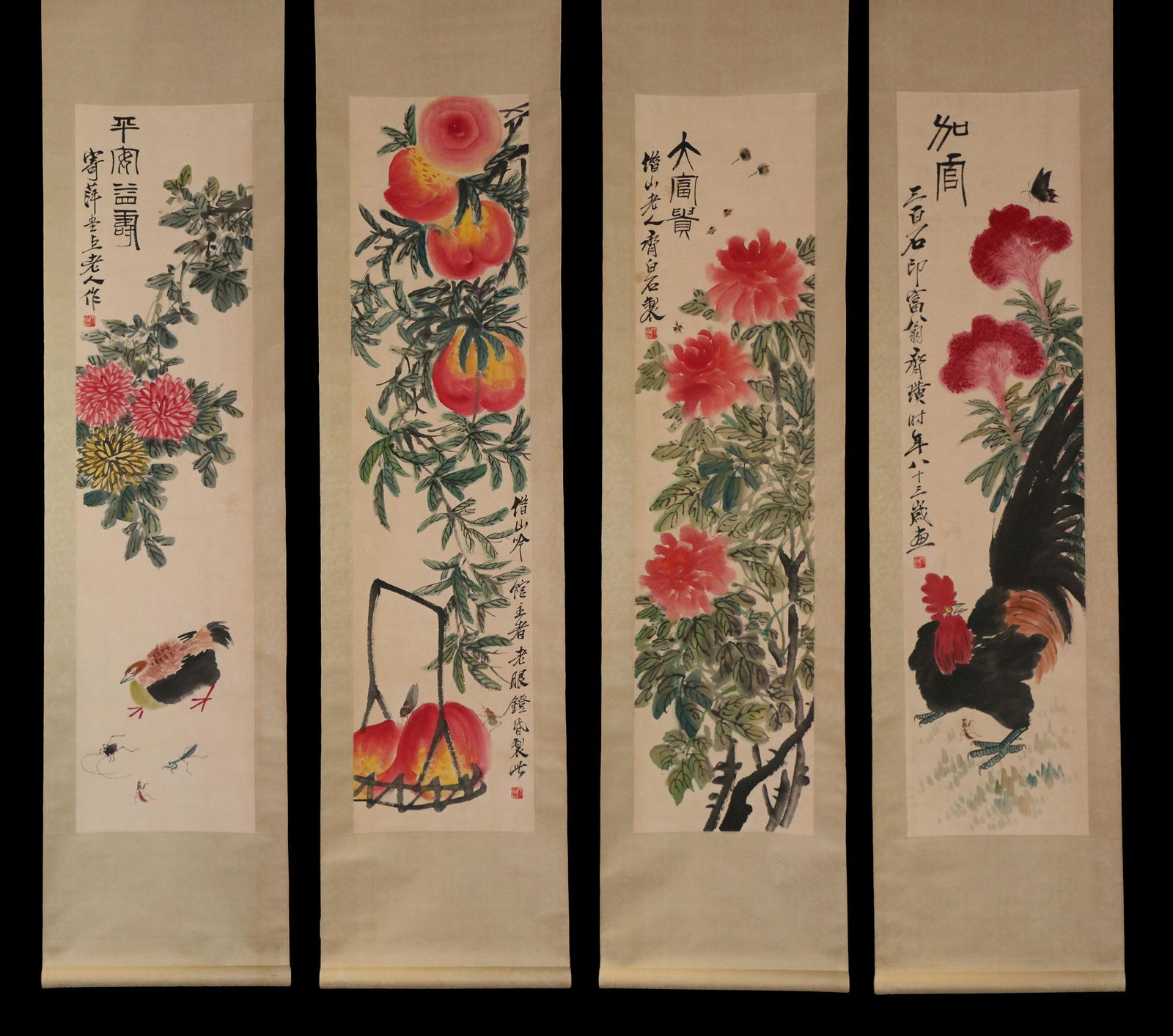 FOUR CHINESE SCROLL PAINTINGS OF FLOWERS, FRUITS AND (1 of 13)
