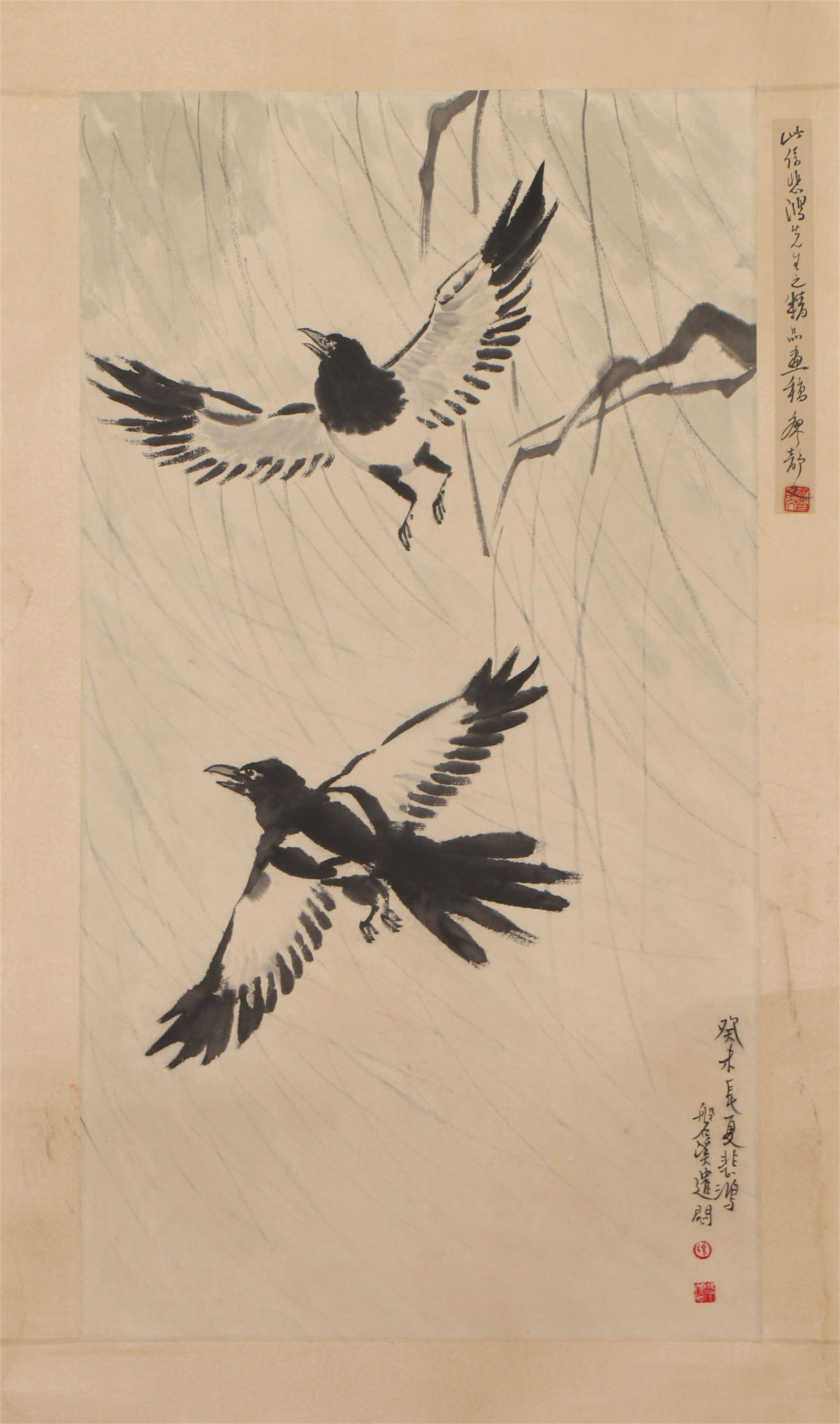 A CHINESE PAINTING OF FLYING BIRDS AND WILLOW TREE (1 of 3)