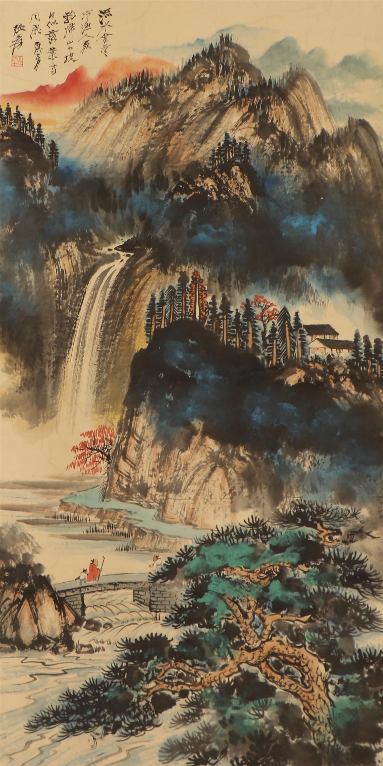 A CHINESE PAINTING OF MOUNTAINS LANDSCAPE: Image only size 134 cm by 65 cm.