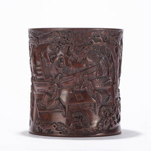 A CHINESE CARVED FIGURE STORY HARDWOOD BRUSH POT: L. 16.2 cm. W. 16.2 cm. H. 18.1 cm. Weight 1450 gram.