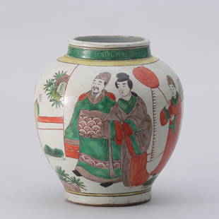 A CHINESE WUCAI PORCELAIN FIGURE STORY JAR: H. 34 cm. W. 26 cm.