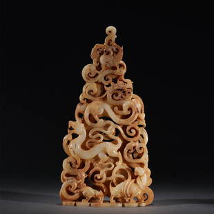 A CHINESE CARVED JADE ORNAMENTS: L. 17 cm. W. 4 cm. H. 31 cm. Weight 1760 gram.