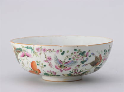 A CHINESE FAMILLE ROSE PORCELAIN FLOWERS BUTTERFLIES BOWL: H. 8 cm. W. 22 cm.