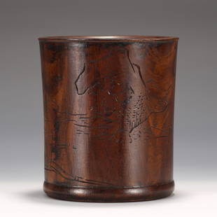 A CHINESE HARDWOOD BRUSH POT: L. 14 cm. H. 16 cm. Weight 750 gram.